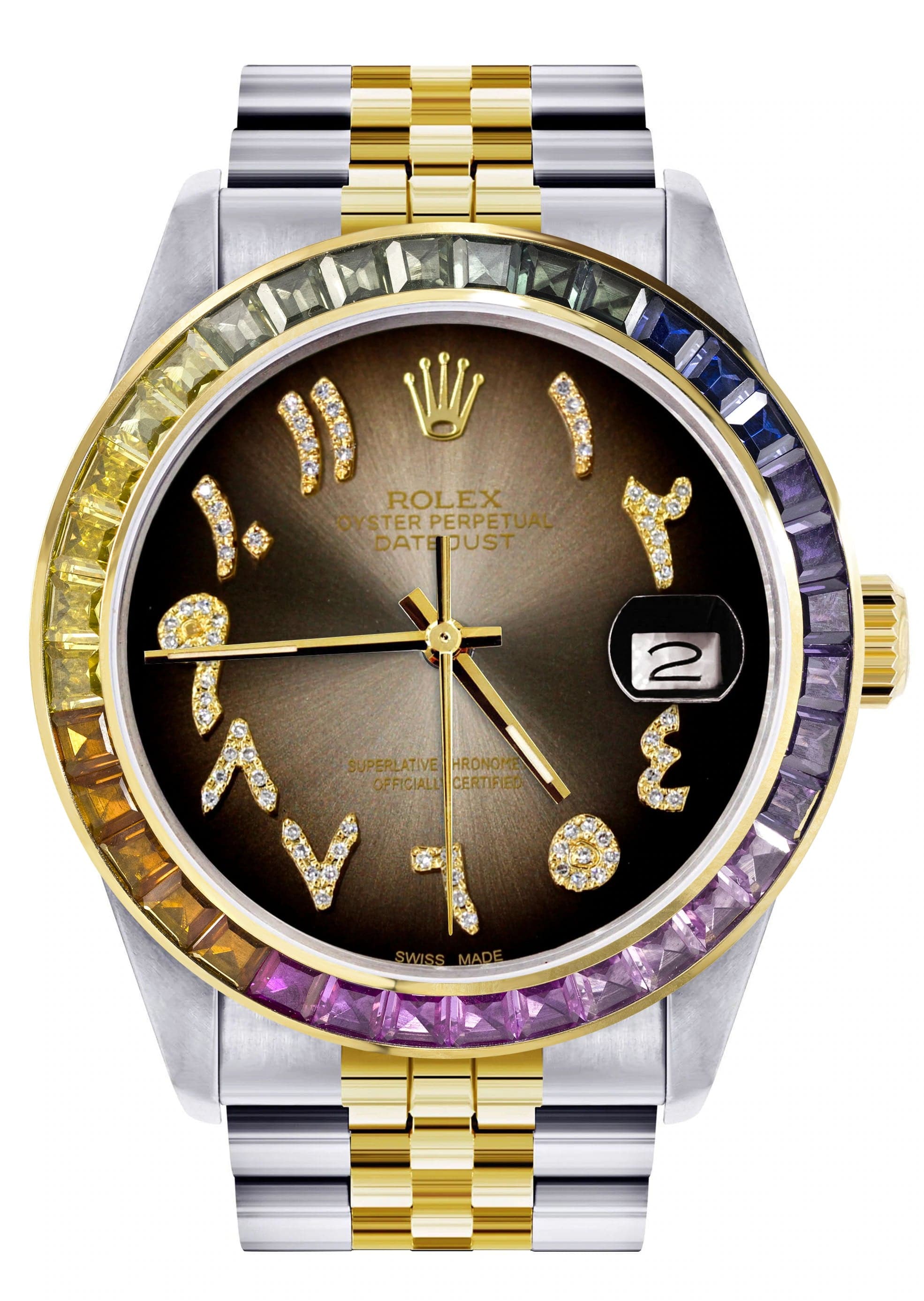 Luxury Diamond Gold Rolex Watch For Men 16233 | 36mm Rainbow Sapphire Bezel | Diamond Brown Arabic Dial | Jubilee Bracelet | Perfect for Gifts, Weddings & Special Occasions