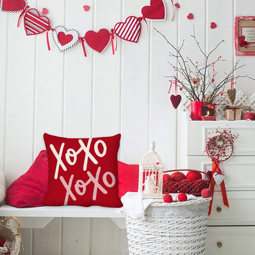 Valentine's Day Throw Pillow Covers 18x18 Inch Set of 4 - Red Heart XOXO Striped Farmhouse Decorative Cushion Cases for Home, Wedding & Couples Gift | Perfect for Sofa, Bedroom Decor & Romantic Gifts