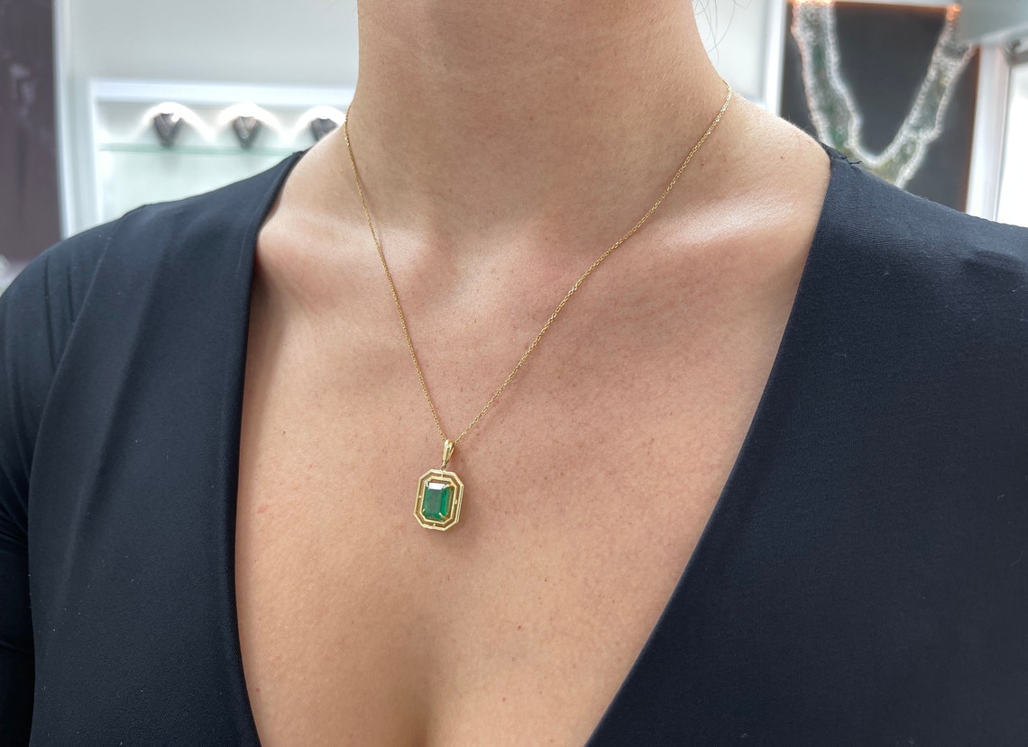 3.18ct 14K Gold Emerald Cut Solitaire Pendant - Modern Geometric Dark Green Emerald Prong Necklace for Women, Elegant Gift for Anniversary, Birthday & Special Occasions