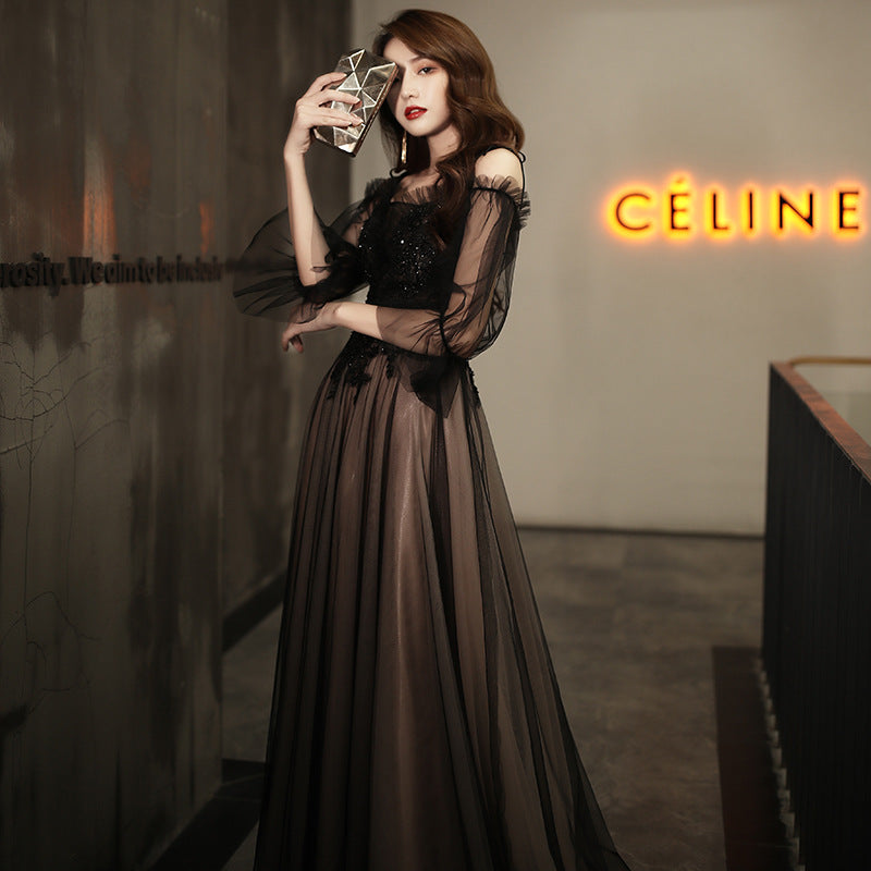 Elegant Black Off-Shoulder Long Prom Dress - A-Line Tulle Evening Gown for Formal Events & Special Occasions | Perfect for Homecoming, Wedding Guest & Red Carpet
