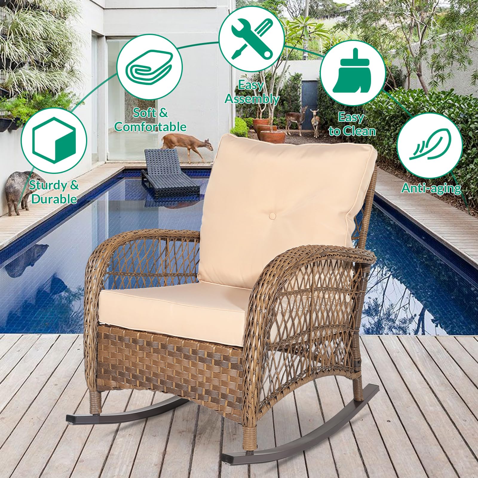 VIVIJASON All-Weather Outdoor Wicker Rocking Chair with Cushions - Patio Rattan Rocker Chair with Durable Steel Frame - Comfortable Garden Backyard Porch Furniture (Beige) - Perfect for Relaxing, Reading & Enjoying Nature