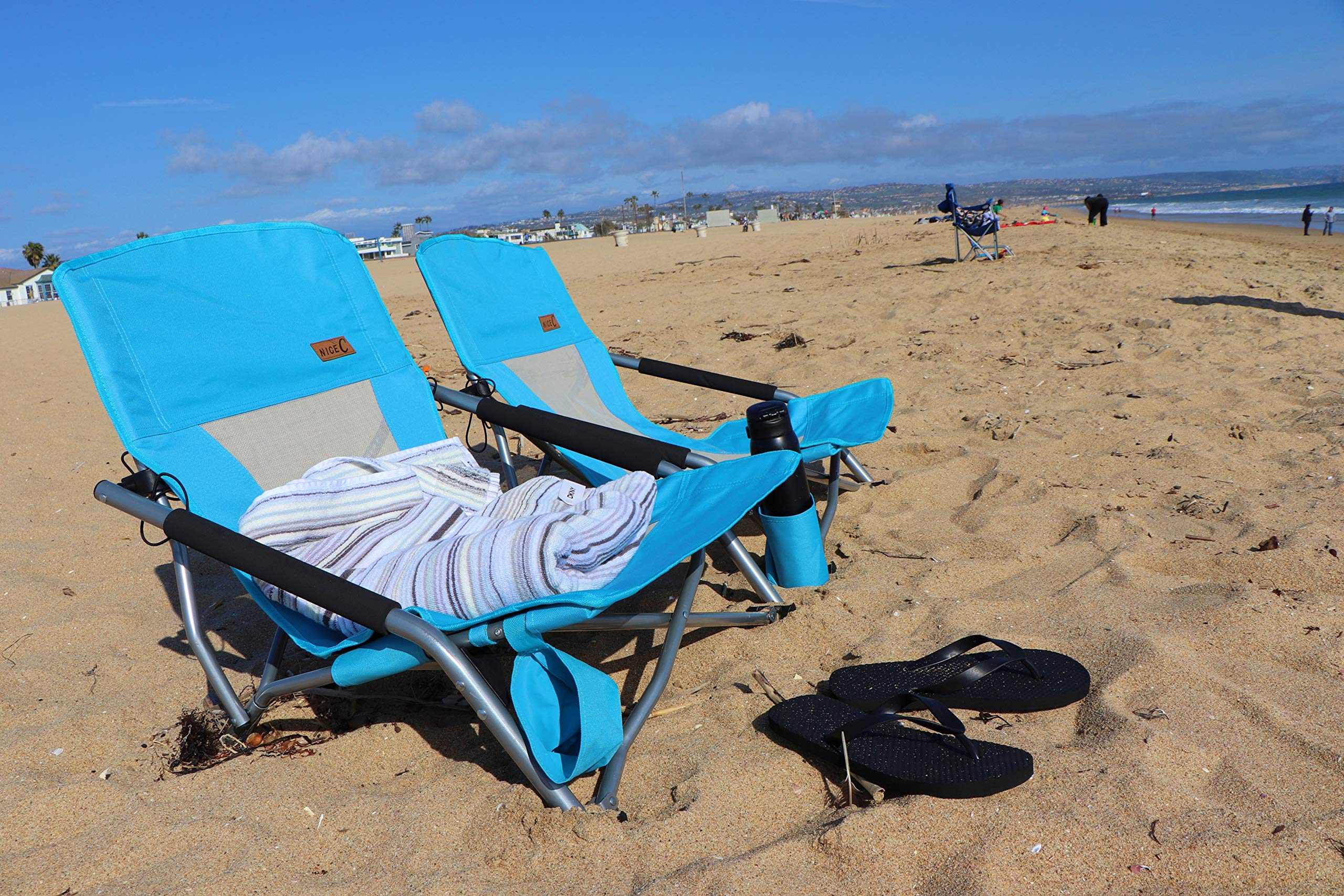 2 Pack Low Beach Chair & High Back Cooler Chair Set - Portable Folding Chairs for Beach, Pool, Camping, Picnics & Outdoor Relaxation