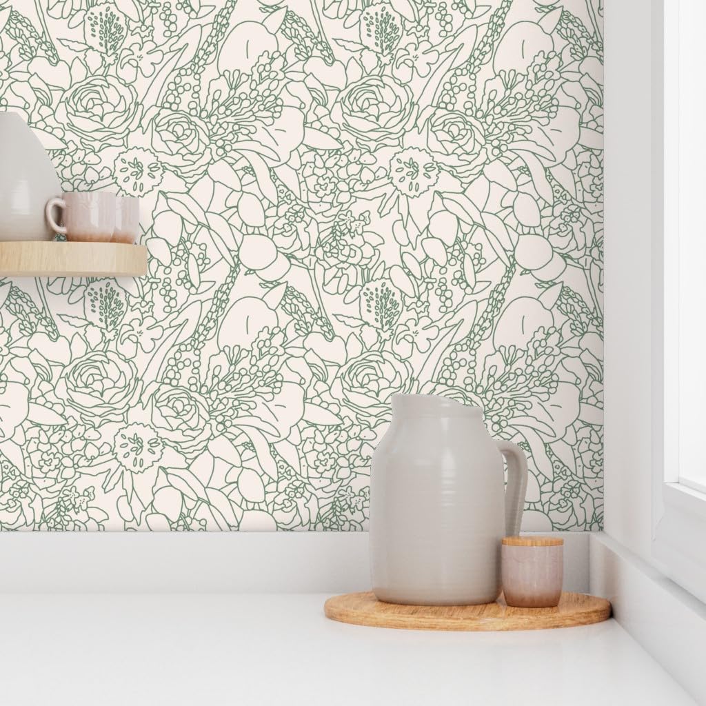 12ft x 2ft Peel & Stick Removable Wallpaper - Floral Botanical Sage Green Leaf Design by Spoonflower | Perfect for Bedroom, Living Room & Nursery Decor