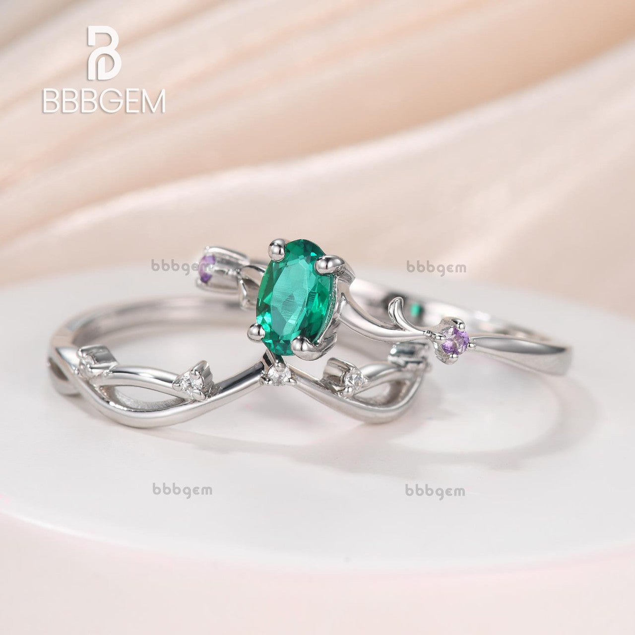 Vintage Emerald Amethyst Twig Engagement Ring Set - 14K White Gold Branch Wedding Ring for Women - Perfect for Proposals, Anniversaries & Romantic Occasions