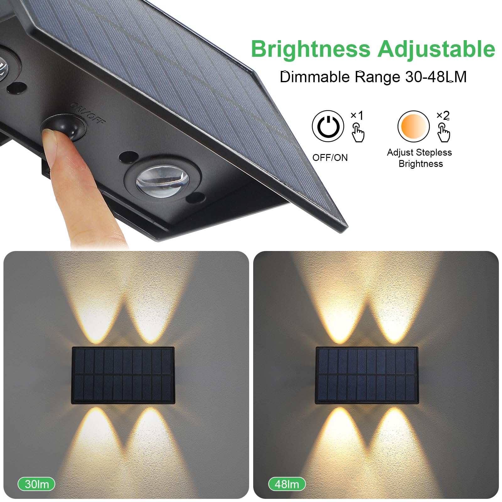 Solar Powered Outdoor Wall Lights Up and Down 4 Pack - 4 LED Waterproof Exterior Wall Sconces with IP65 Rating - Warm White Lighting for Yard, Garden, Garage, Pool & Deck - Perfect for Pathway, Patio, Porch and Landscape Illumination