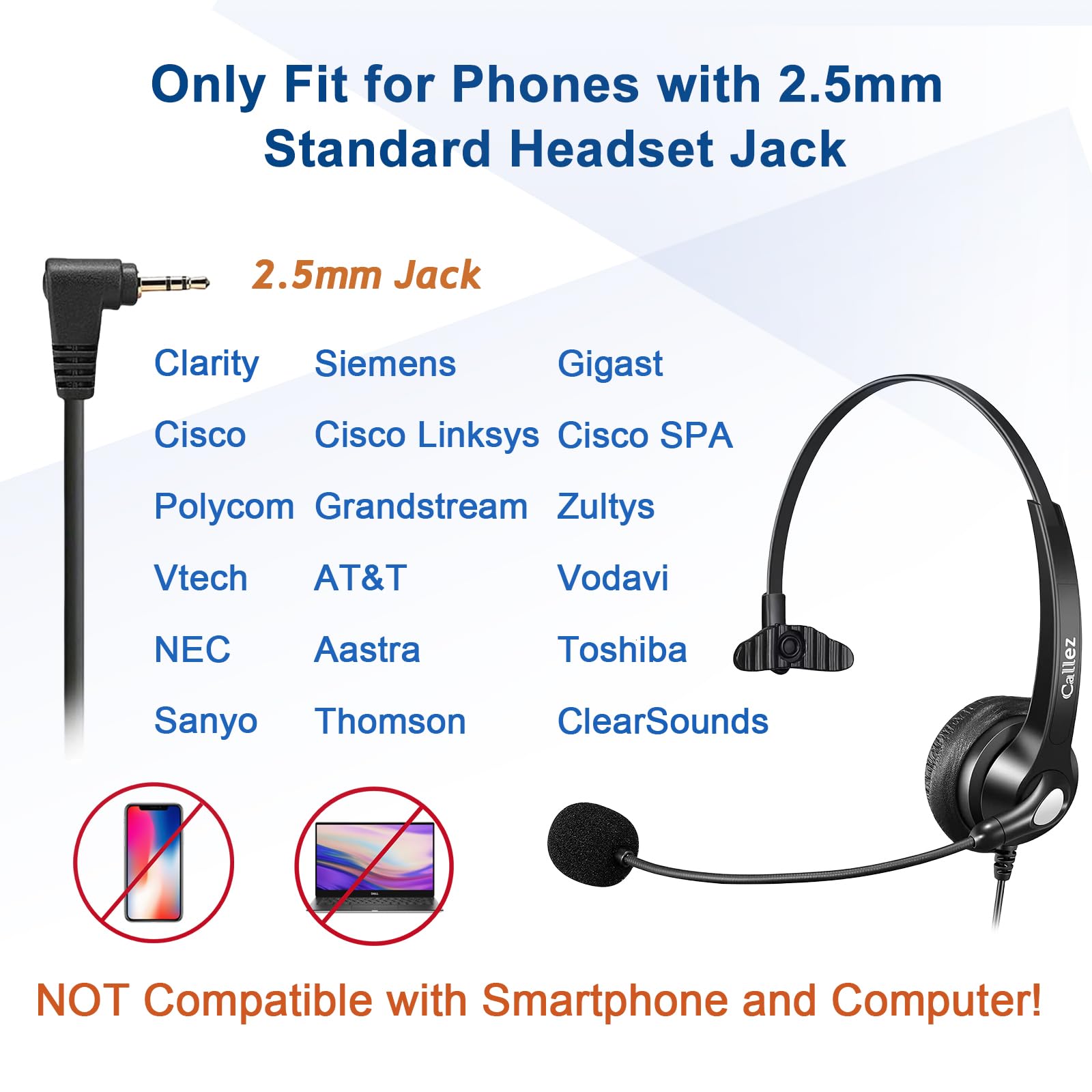 **Callez 2.5mm Wireless Headset with Noise Canceling Microphone – Compatible with DECT, AT&T ML17929, Vtech, Uniden, RCA, Cisco – Ideal for Call Centers, Home & Office Use (Model C300D1)**    *(Use Cases: Perfect for remote work, customer service, telemarketing, and long phone conversations with clear audio quality.)*