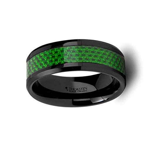MATLAL Black Ceramic Ring with Emerald Green Carbon Fiber Inlay - 8mm Wide Beveled Edge Wedding Band for Men | Durable, Scratch-Resistant Jewelry for Everyday Wear, Anniversary Gifts & Special Occasions