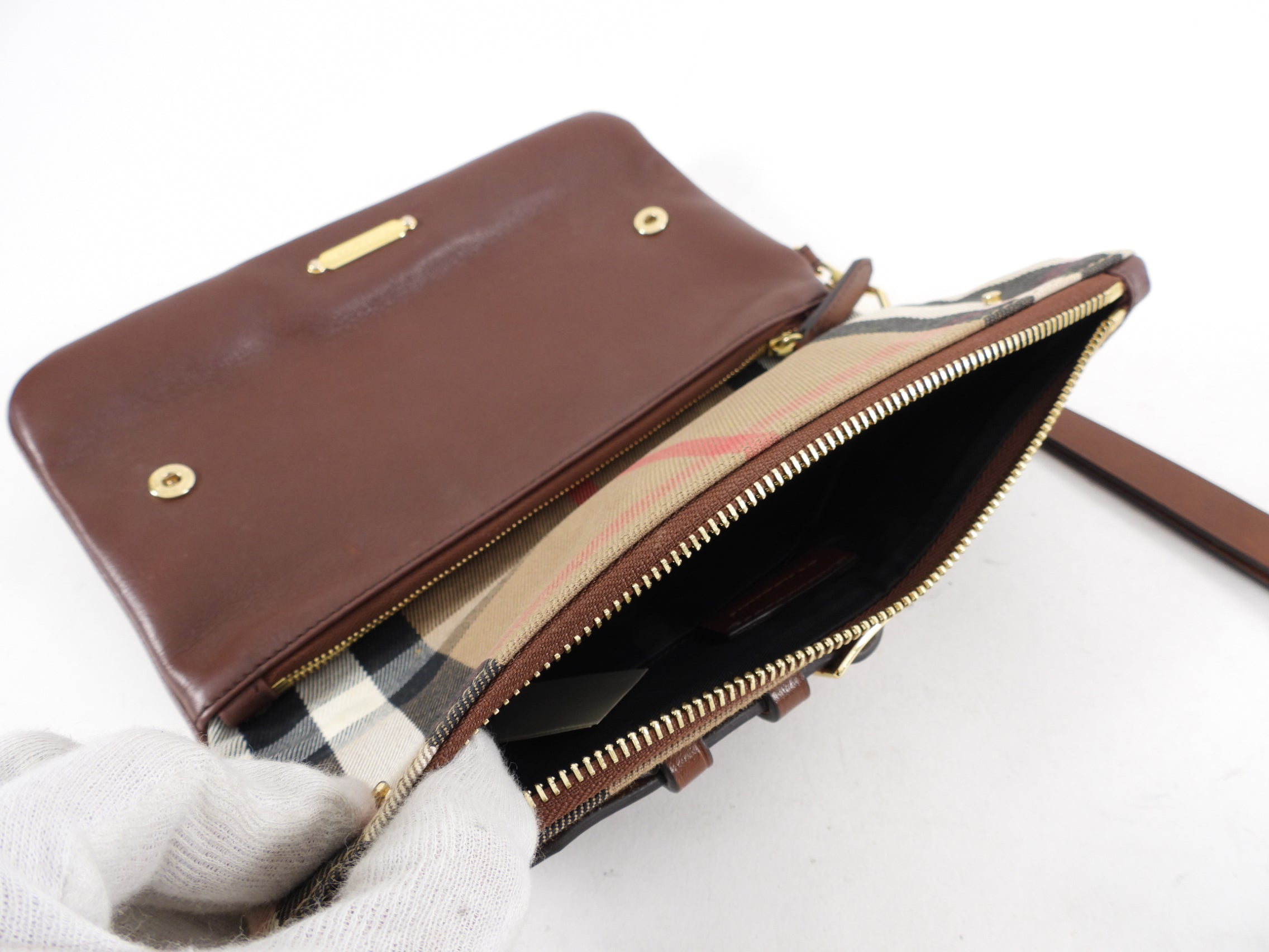 Burberry Brown Fold Over Check Wristlet Clutch Bag | Luxury Designer Crossbody Purse for Women | Perfect for Evening Parties, Date Nights & Special Occasions