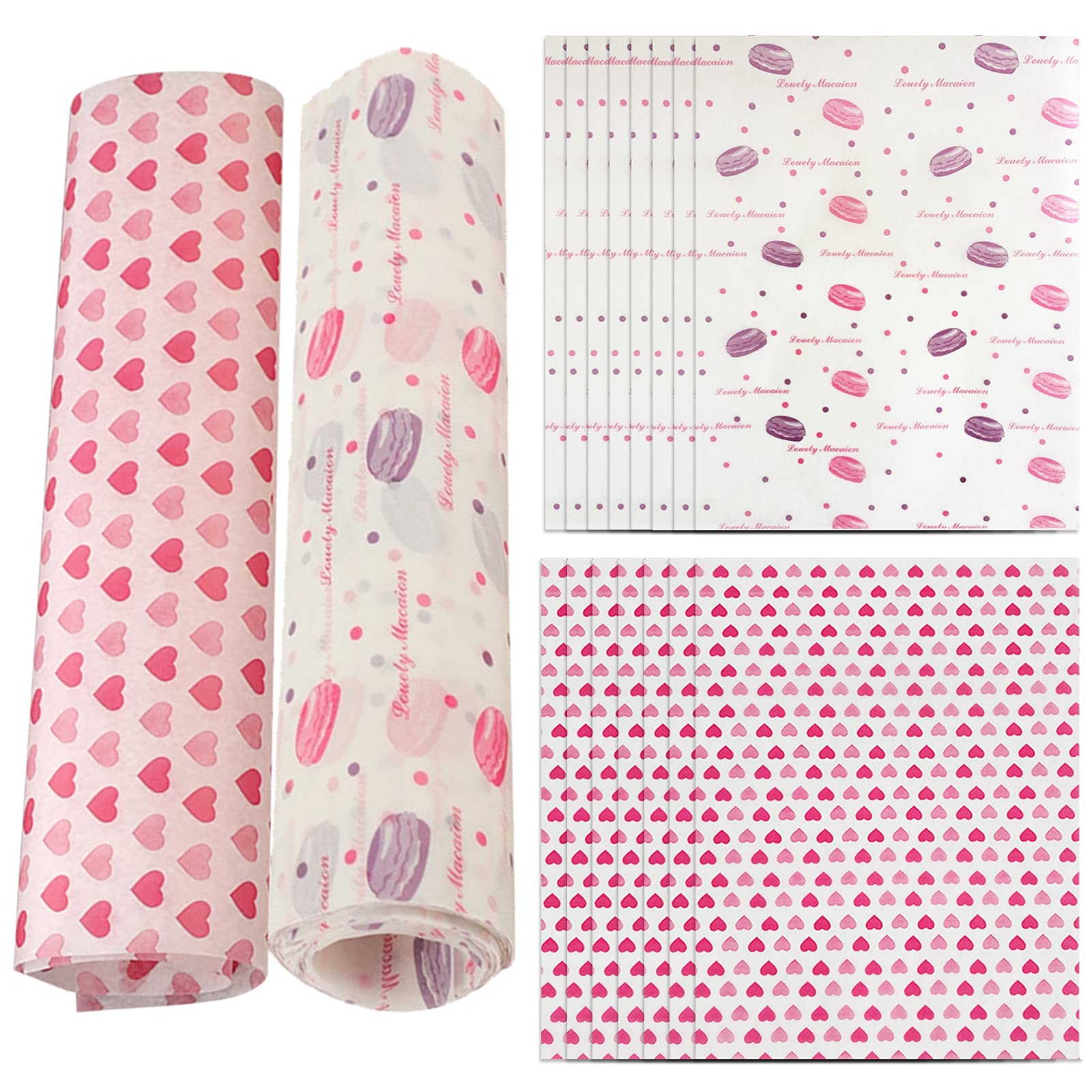 Zngou 100 PCS Greaseproof Wax Paper Sheets - Heart Design Food Wrapping Liners for Baking, Cooking & Packing | Waterproof Kitchen Parchment for Cupcakes, Cookies & Sandwiches