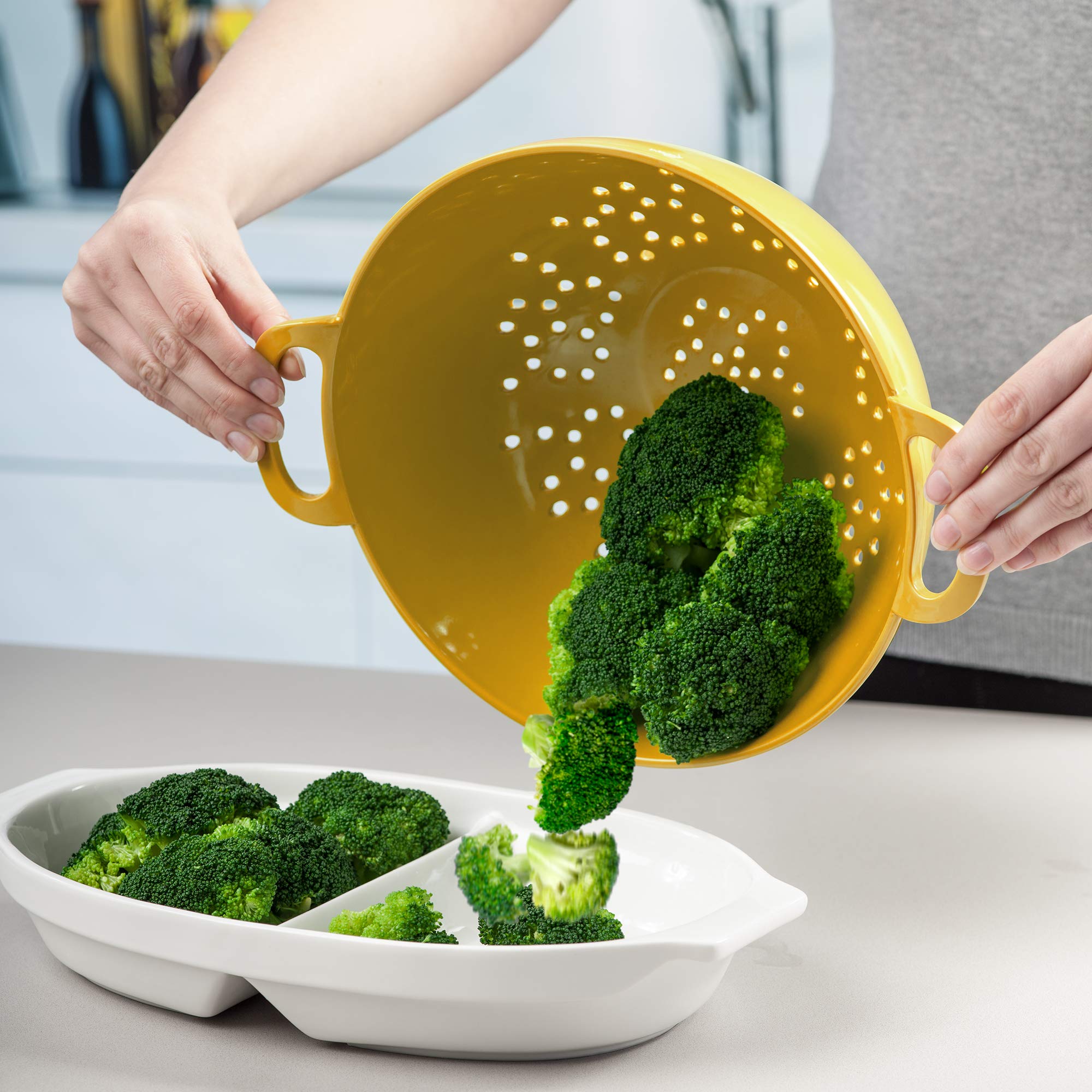 Premium Zeal Melamine Colander & Strainer - 9.5 Inch (24cm) Kitchen Tool - Durable Mustard Yellow Pasta Strainer for Cooking, Salad Washing & Food Prep - BPA-Free Dishwasher Safe Colander
