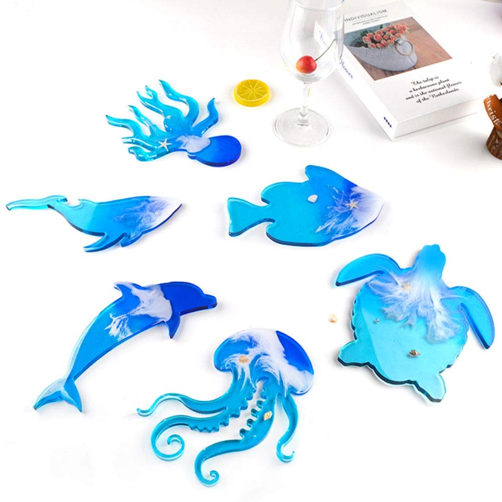 FUYAKEJI 6PCS Ocean Animal Silicone Molds - Dolphins, Octopus, Turtles, Jellyfish, Whales & Fish Resin Coaster Molds for DIY Epoxy Crafts | Perfect for Home Decor, Beach Themed Parties & Unique Gift Making