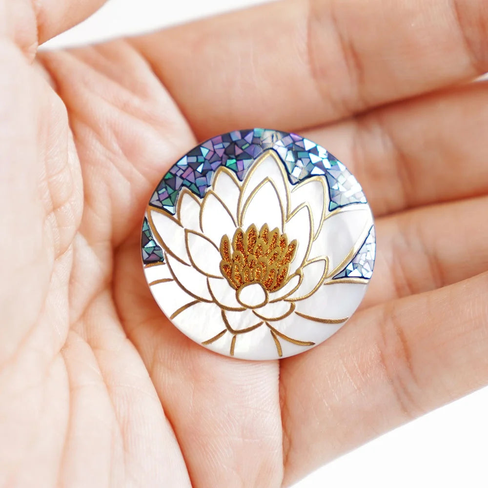 Exquisite Maki-e Urushi Lacquer Brooch with White South Sea Pearl Shell - Water Lilies Design | Traditional Japanese Lacquer Jewelry for Women | Perfect for Formal Occasions, Weddings & Special Events