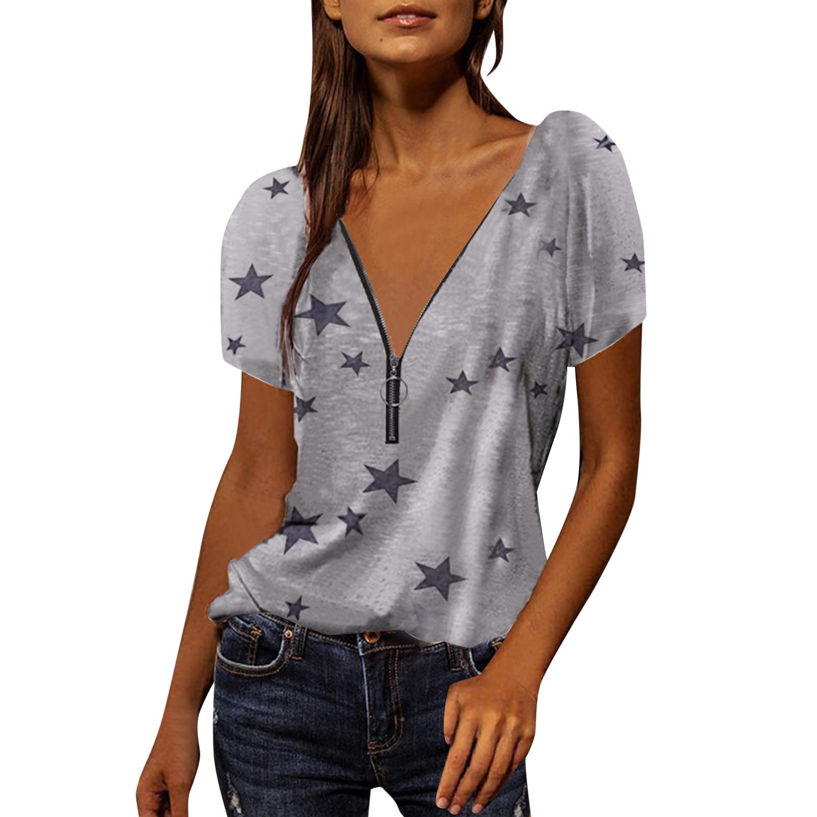 Women's V-Neck Zipper Workout Tops - Printed Short Sleeve Athletic T-Shirts for Yoga, Running & Gym | Casual Fitness Blouse for Active Lifestyles