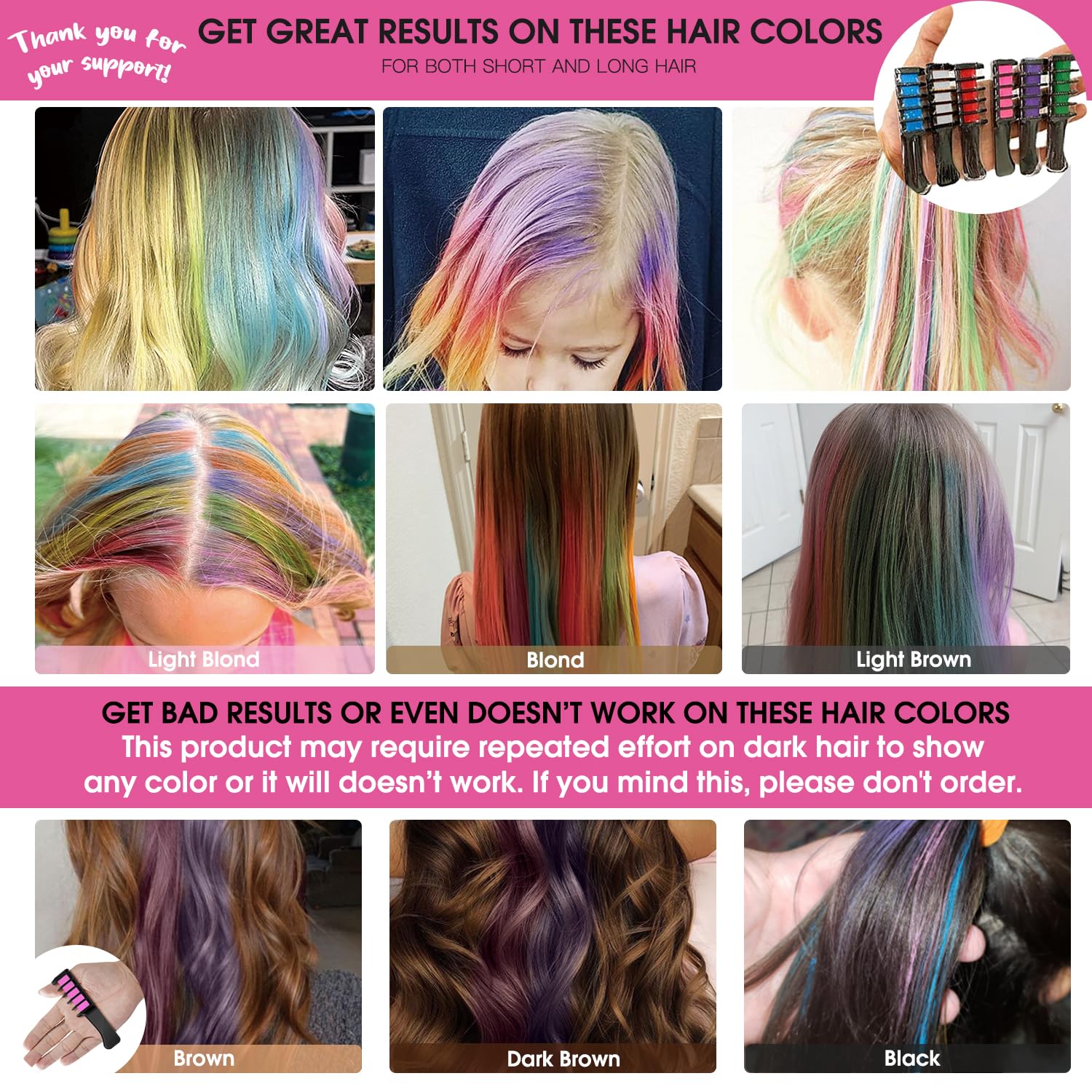MSDADA Washable Hair Chalk Comb - Temporary Hair Color Dye for Kids & Girls (Ages 4-10) | Light Hair Friendly, Birthday Gift, Cosplay & Easter Stocking Stuffer | DIY Fun for Parties & Special Occasions