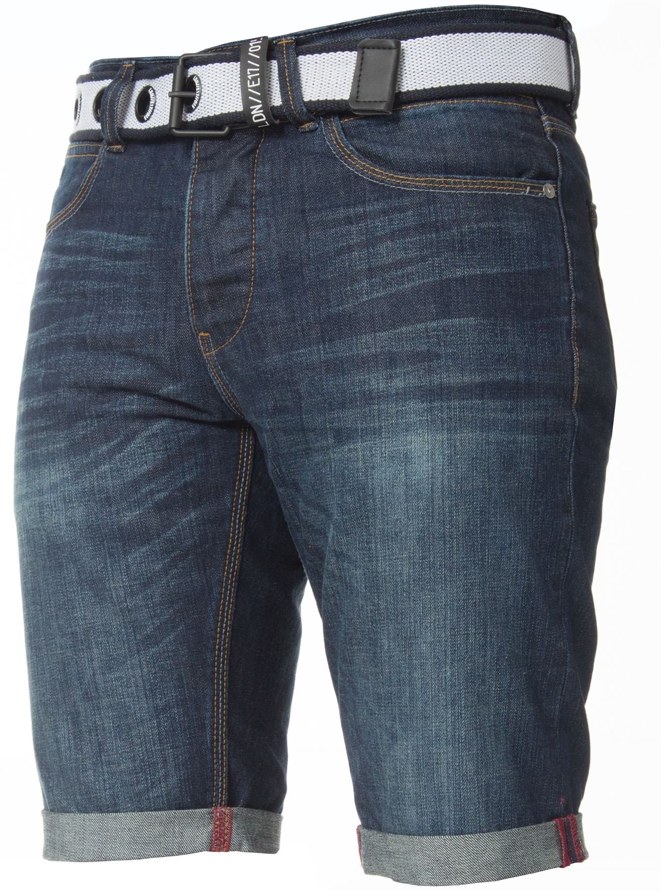 APT Men's Slim Fit Dark Blue Cotton Denim Shorts with Free Belt - All Waist Sizes Available | Casual Summer Wear, Beach Outings & Weekend Street Style