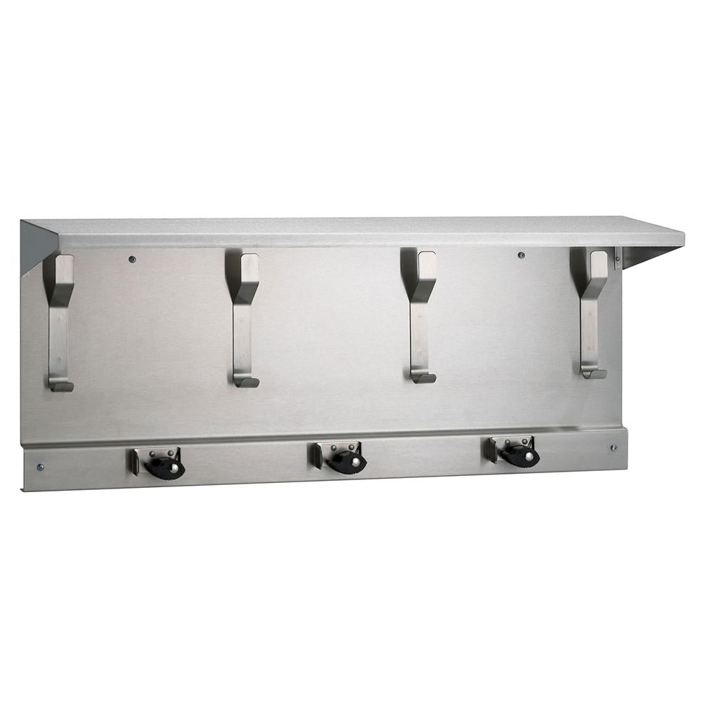 Bradley 9933 000 Bradex Utility Shelf with 4 Hooks & 3 Holders - 34 Inch Satin Finish Wall Organizer for Kitchen, Bathroom, Garage Storage & Organization