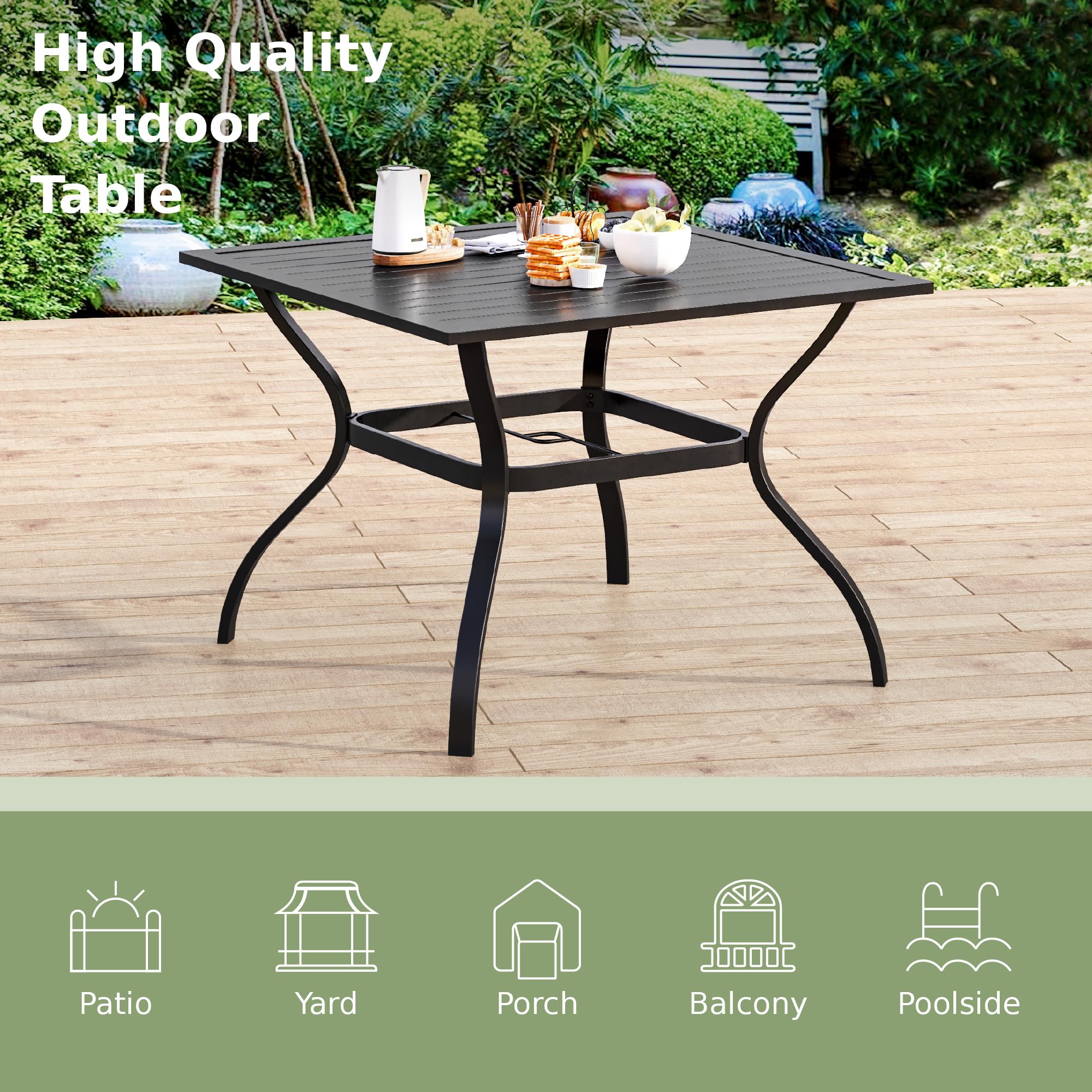 PHI VILLA 37 Inch Square Metal Patio Dining Table - Black Steel Outdoor Bistro Table with 1.57