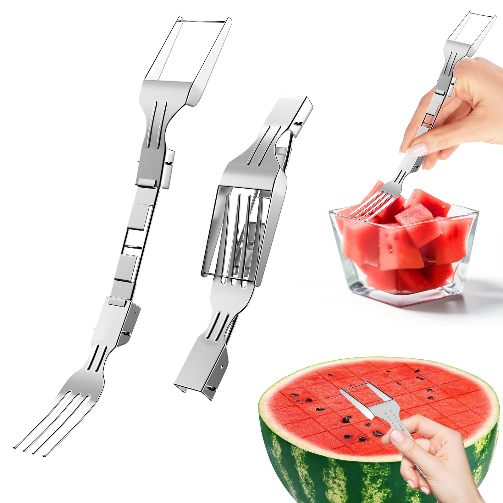 2-in-1 Stainless Steel Watermelon Cutter & Slicer - Portable Foldable Dual Head Fruit Fork & Knife for Kitchen, Picnics & Outdoor BBQ Parties