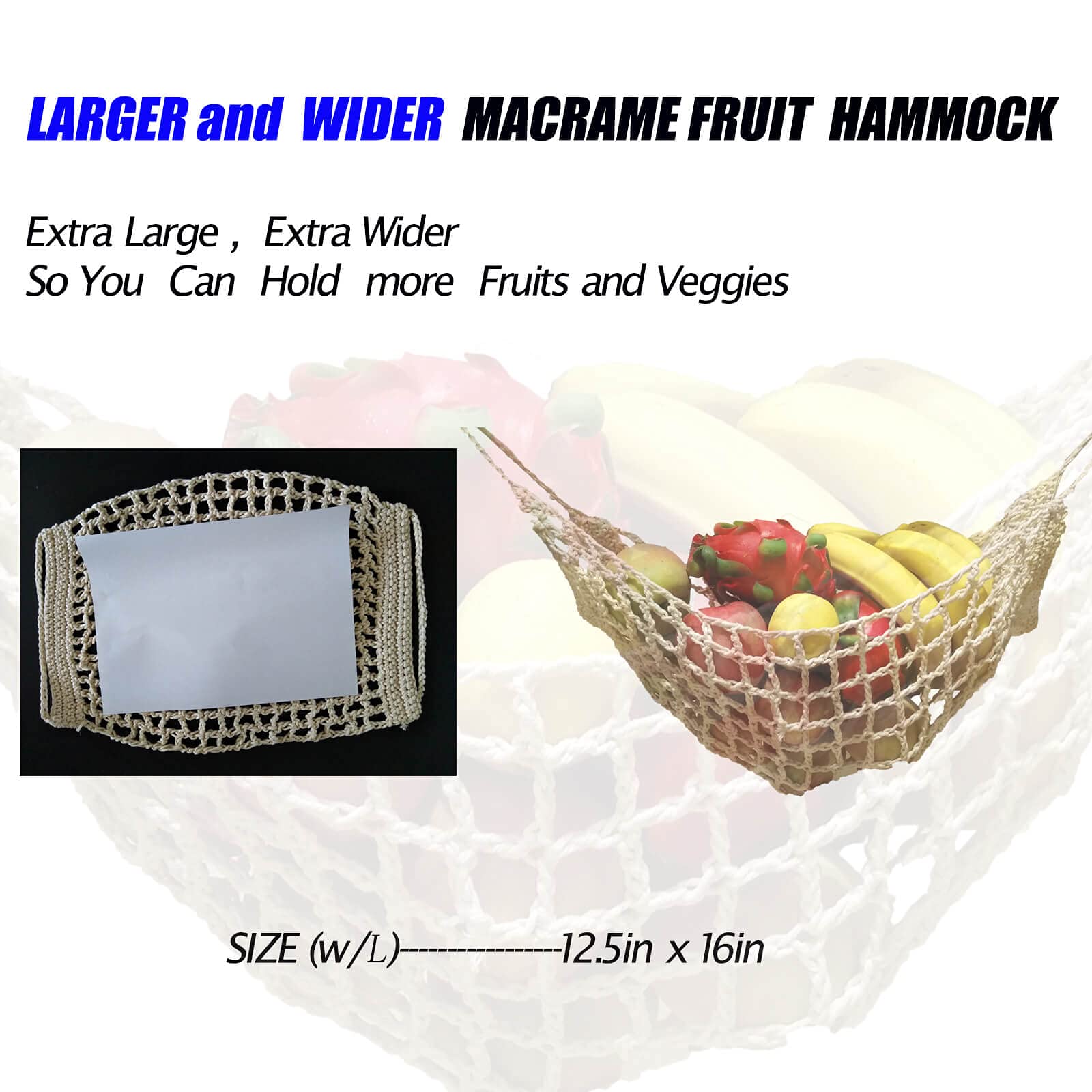 Large Macrame Fruit Hammock Under Cabinet - Space Saving Hanging Basket for Bananas, Vegetables & Fruits - Perfect for Kitchen, RV, Camper & Small Spaces - Natural Cotton Storage Solution for Fresh Produce