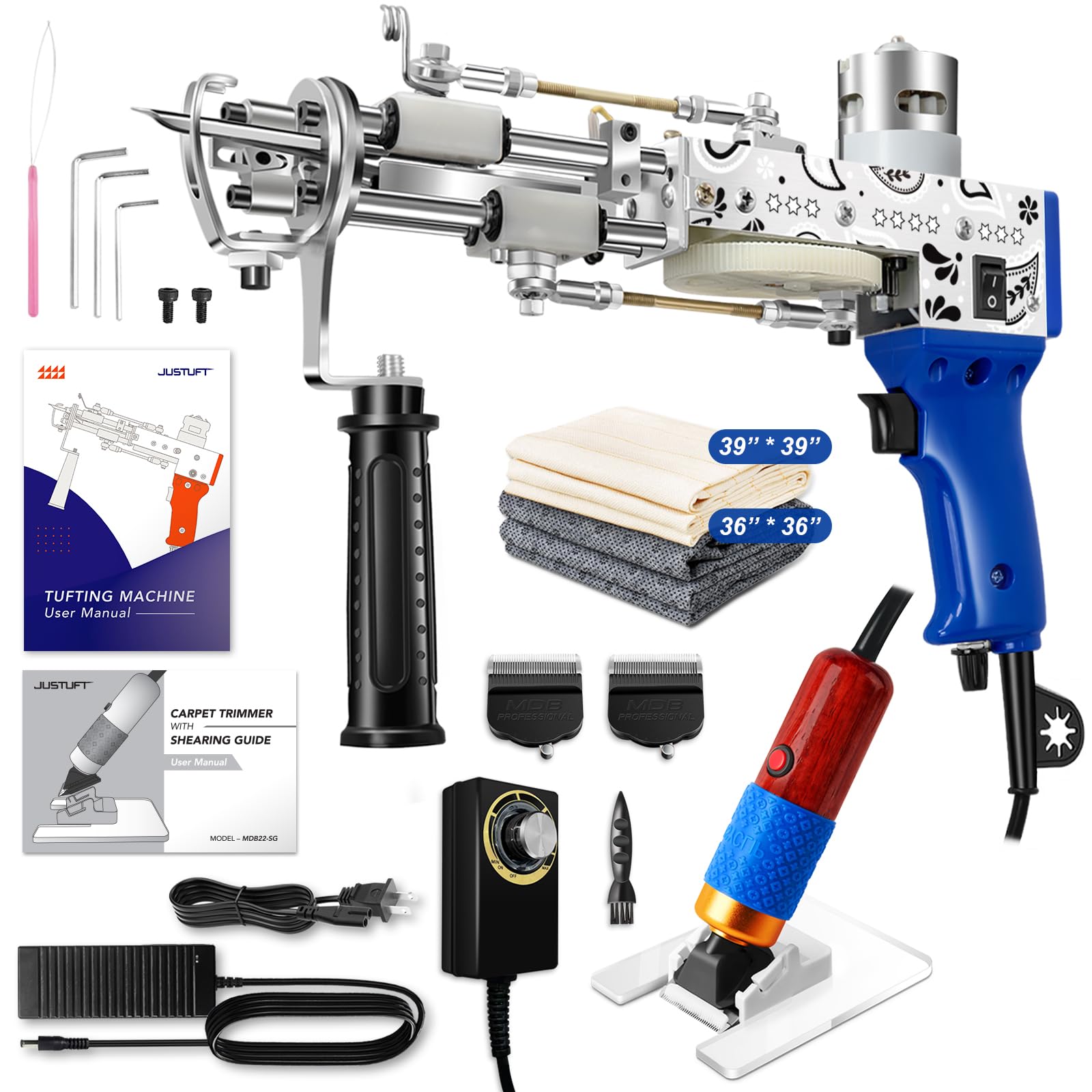 Justuft Rug Tufting Gun Kit - 2 in 1 Carpet Making Machine with Trimmer & Shaver - DIY Rug Punch Needle Tool for Home Decor, Wall Hanging & Craft Projects (Blue)