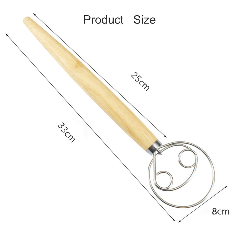 AXPDEFI 13-Inch Stainless Steel Danish Dough Whisk with Wooden Handle - Double Eye Design for Bread Mixing, Pastry & Pizza Dough - Perfect Kitchen Tool for Bakers & Home Cooks (Great for Artisan Bread, Cookies & Cake Batter)