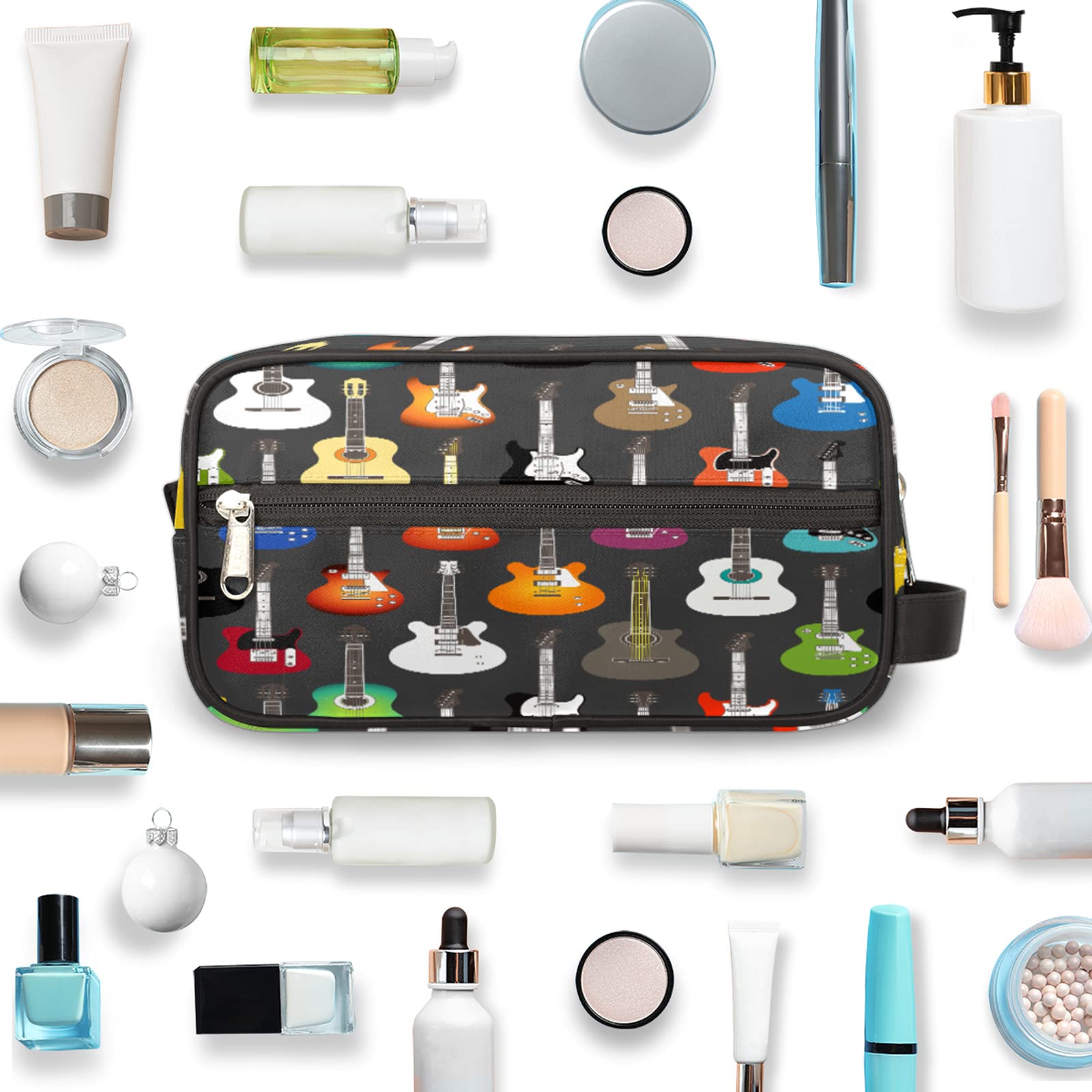 Guitar Pattern Travel Toiletry Bag - Waterproof Cosmetic Organizer for Women & Men, Perfect for Camping & Gym