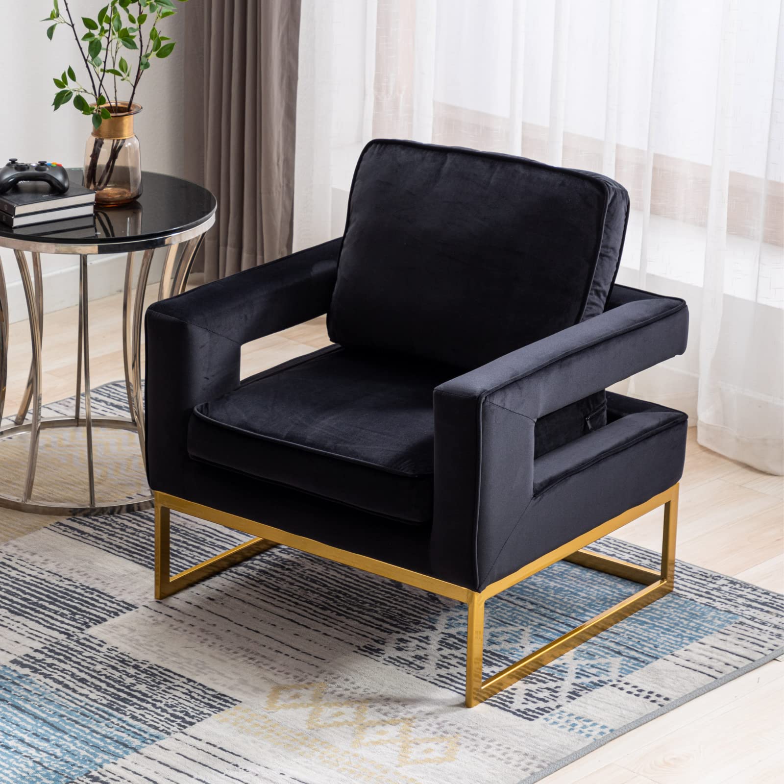Elegant Velvet Accent Club Chair with Gold Metal Legs - Modern Upholstered Armchair for Living Room & Bedroom | Comfy Reading Chair with Open Back Design | LukeAlon Luxury Home Furniture (Black)