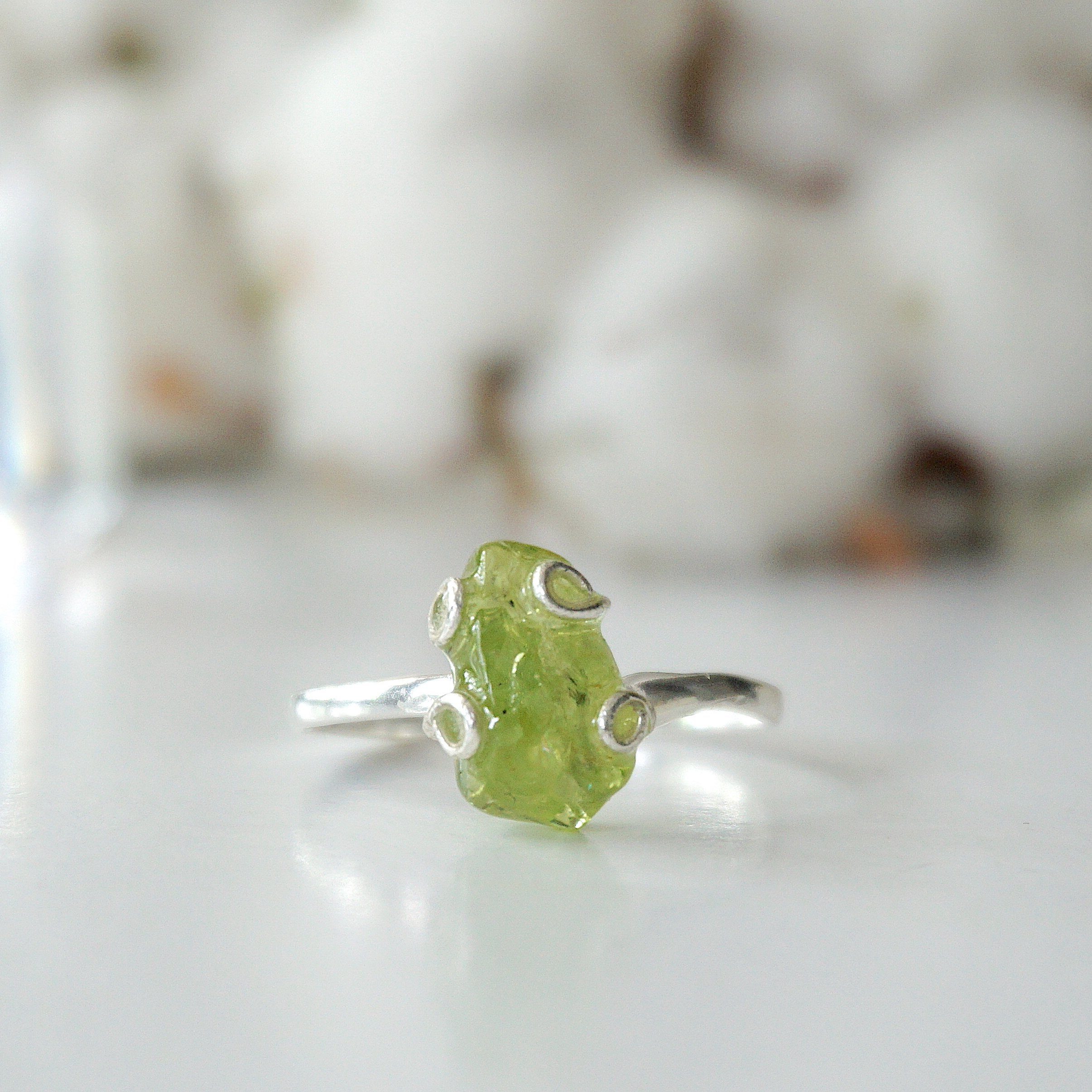 Raw Green Peridot Crystal Adjustable Ring in Sterling Silver - Perfect for Boho Jewelry, Healing Crystal Gifts & Everyday Wear