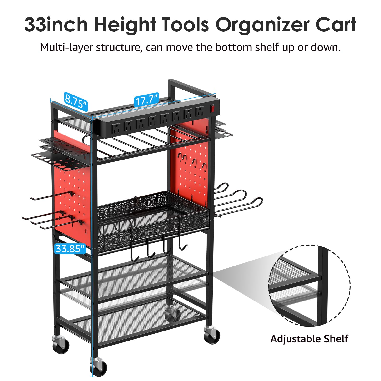 CCCEI Rolling Tool Cart with Charging Station - Heavy Duty Mobile Garage Storage Organizer for Power Tools, Drills & Batteries - Perfect for Mechanics, DIY Enthusiasts & Workshop Organization (Red) - Ideal for Home Garage, Auto Repair Shops & Professional Workstations