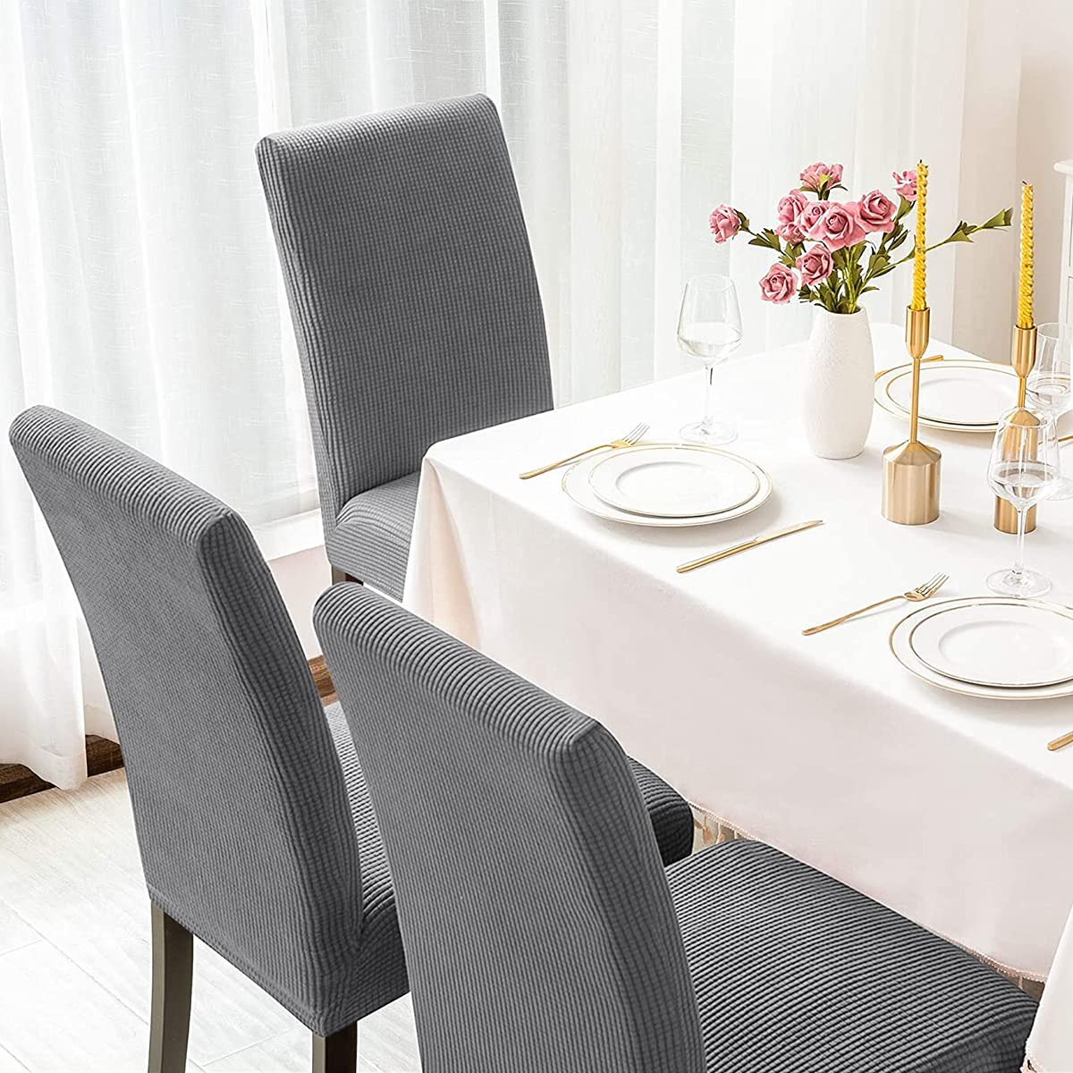 6 Pack Light Grey Dining Chair Covers - Stretchable Parsons Chair Slipcovers for Kitchen & Dining Room - Washable Seat Covers for Home, Restaurant, Wedding & Party Decor