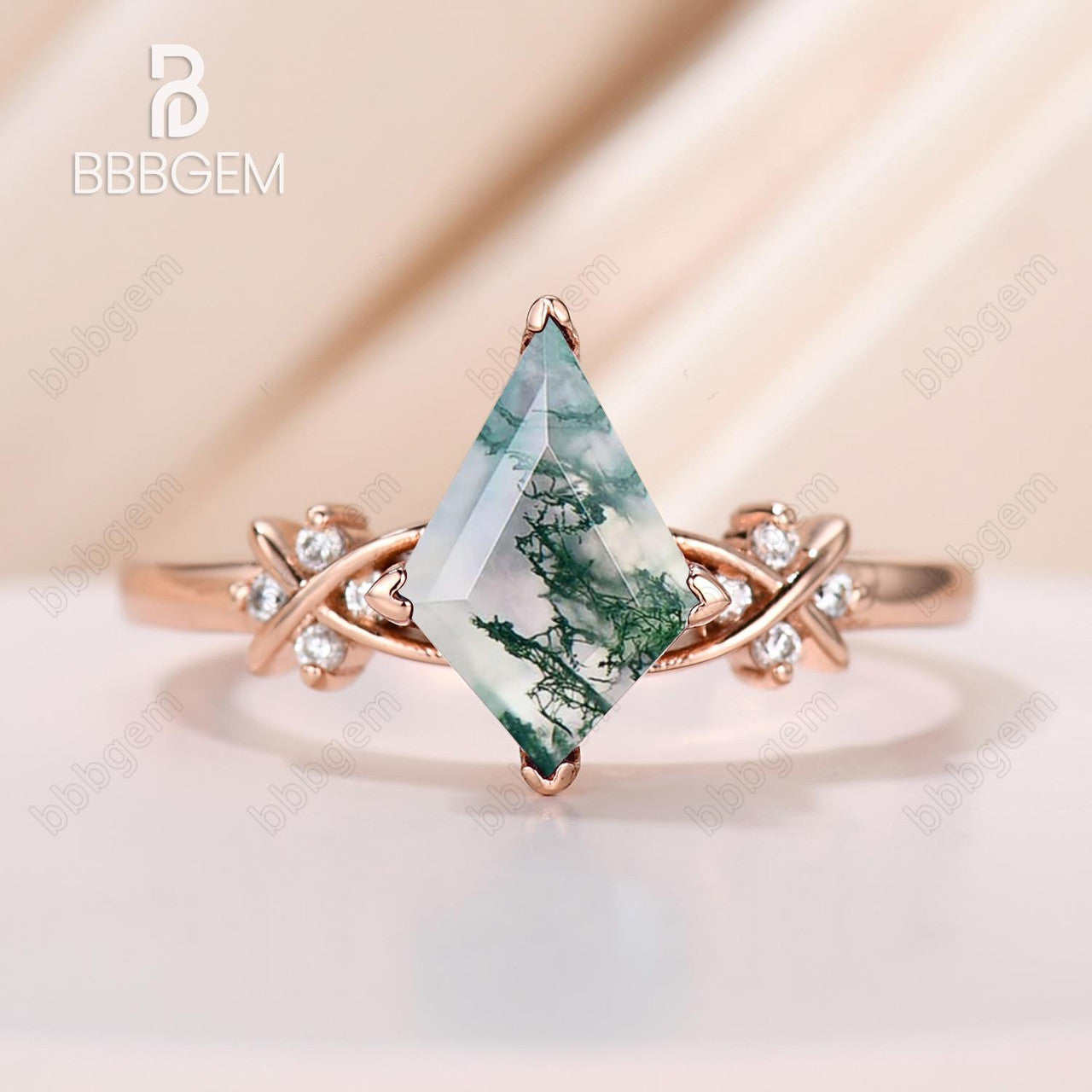 14K Rose Gold Kite Cut Moss Agate Diamond Engagement Ring - Geometric V-Prong Promise Jewelry for Women | Perfect for Proposals, Anniversaries & Special Occasions