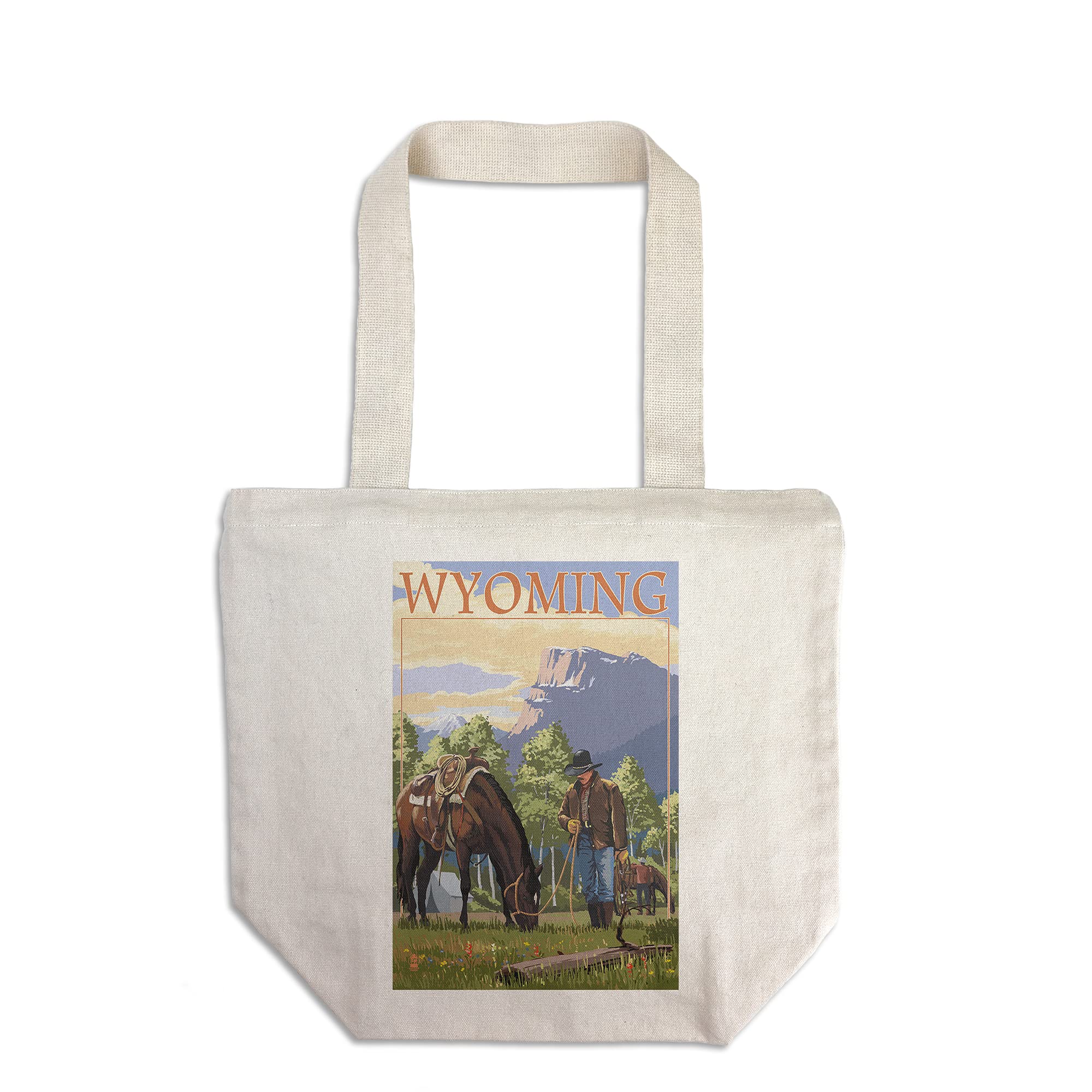 Wyoming Cowboy & Horse in Spring - 100% Cotton Canvas Reusable Tote Bag | Eco-Friendly Shopping Bag for Groceries, Beach & Daily Use