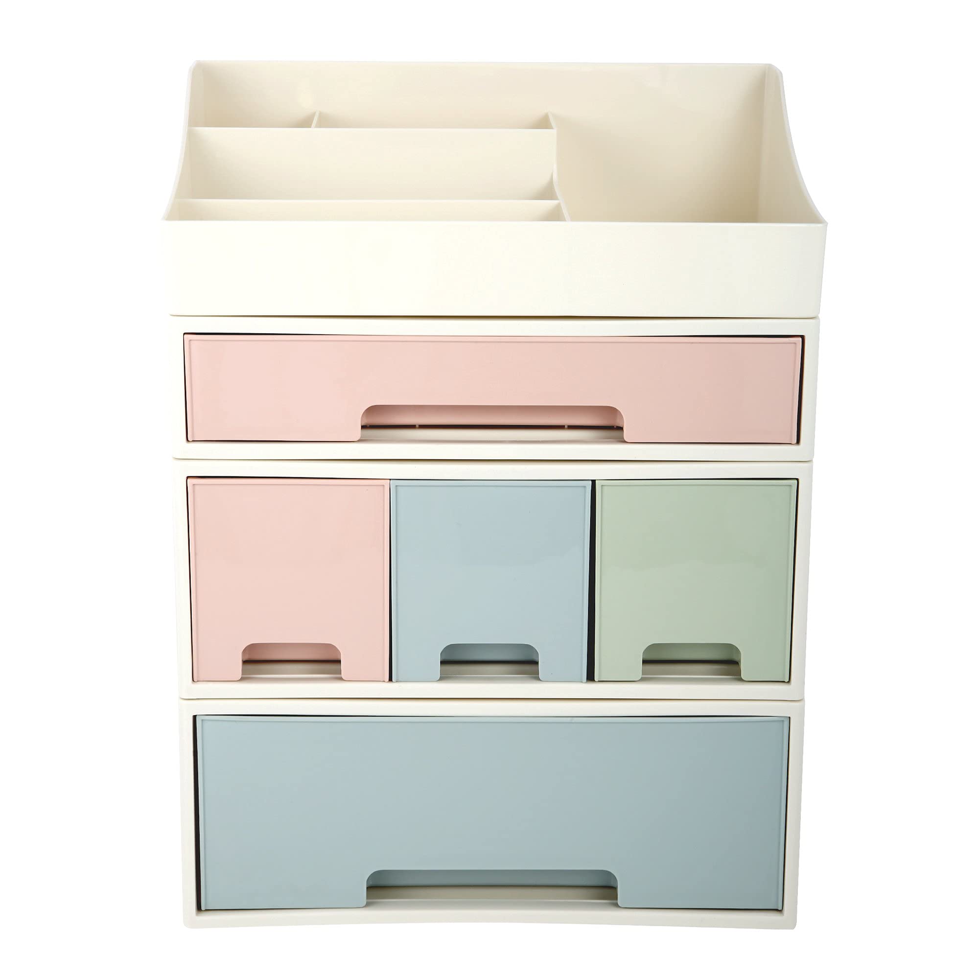 5-Drawer Makeup Organizer & Cosmetic Storage Box - Desktop Stationery Holder, Remote Control Organizer, Kitchen Spice Box (4-Piece Set, Blue/Pink/Green) - Perfect for Bedroom Vanity, Office Desk & Kitchen Counter Organization