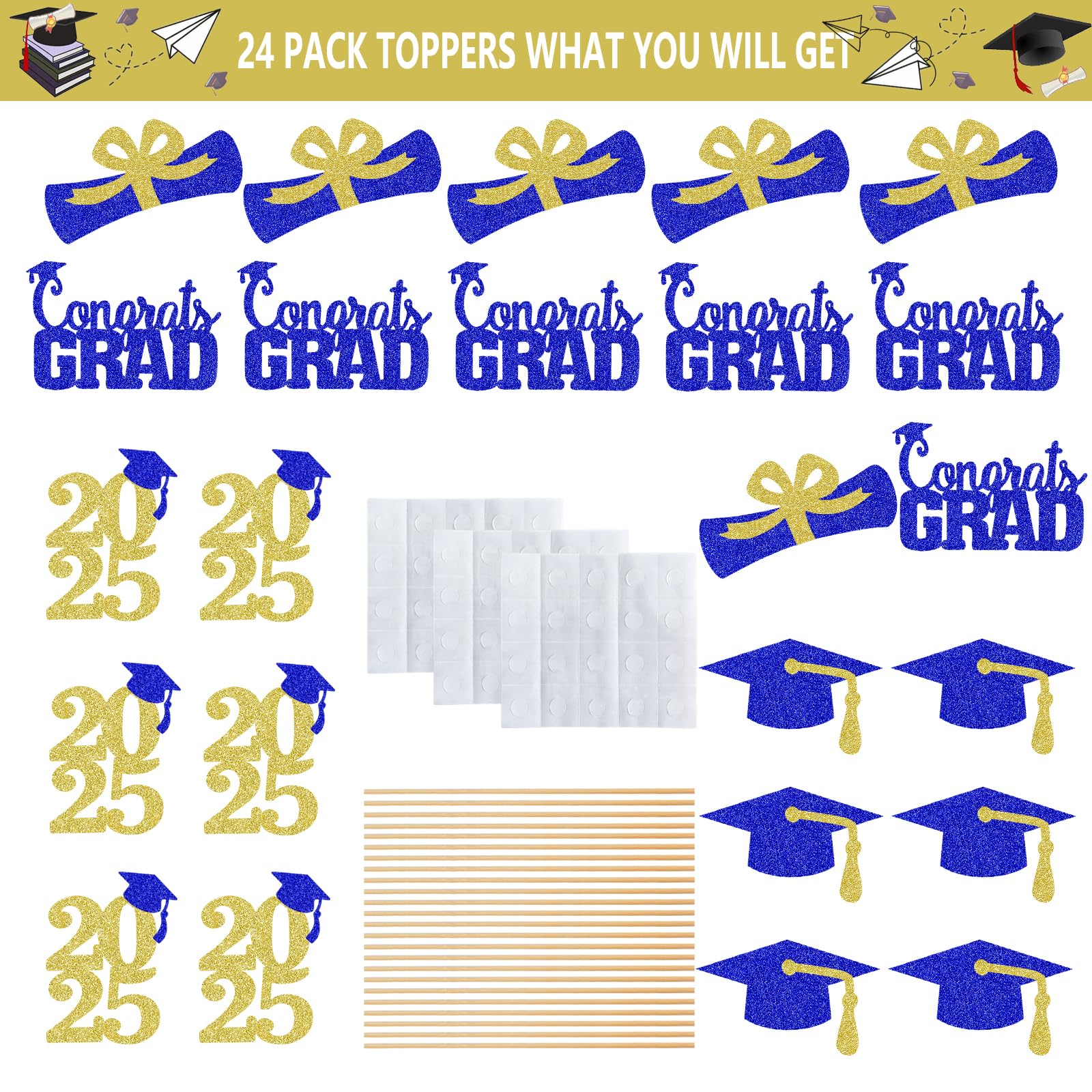 24Pcs Blue and Gold Graduation Centerpiece Sticks 2025 - Class of 2025 Graduation Party Table Decorations - Perfect for Graduation Ceremonies, Banquets & School Celebrations