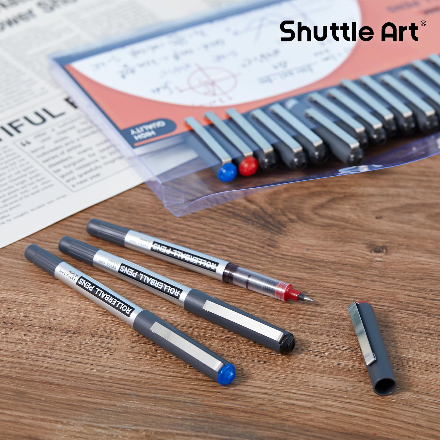 Shuttle Art 25-Pack Rollerball Pens (21 Black, 2 Blue, 2 Red) - 0.5mm Fine Point Liquid Ink Pens for Smooth Writing - Perfect for Journaling, Note Taking, School & Office Use