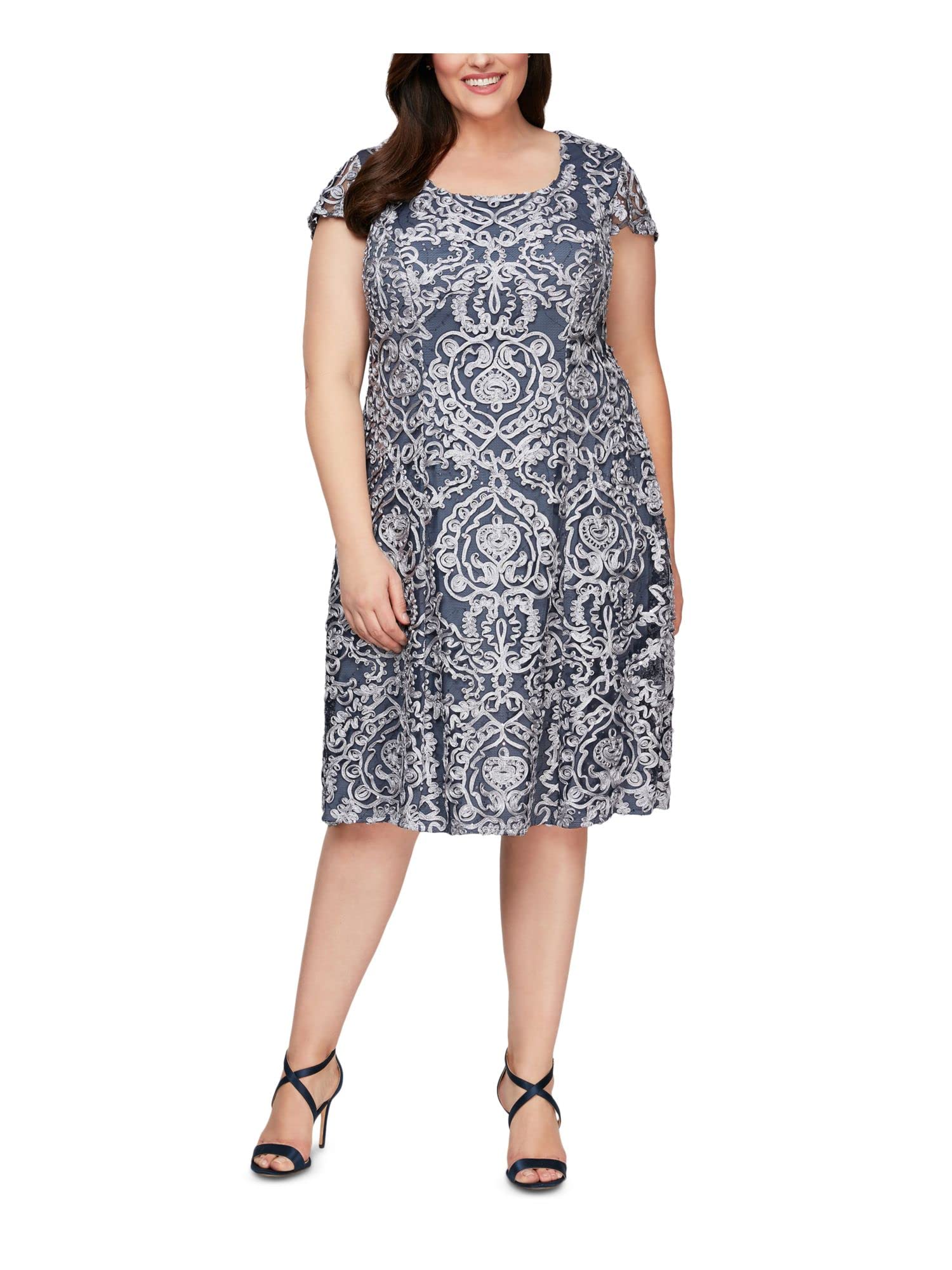 Alex Evenings Women's Plus Size Tea Length Dress with Rosette Detail - Elegant Formal & Wedding Guest Dress for Special Occasions