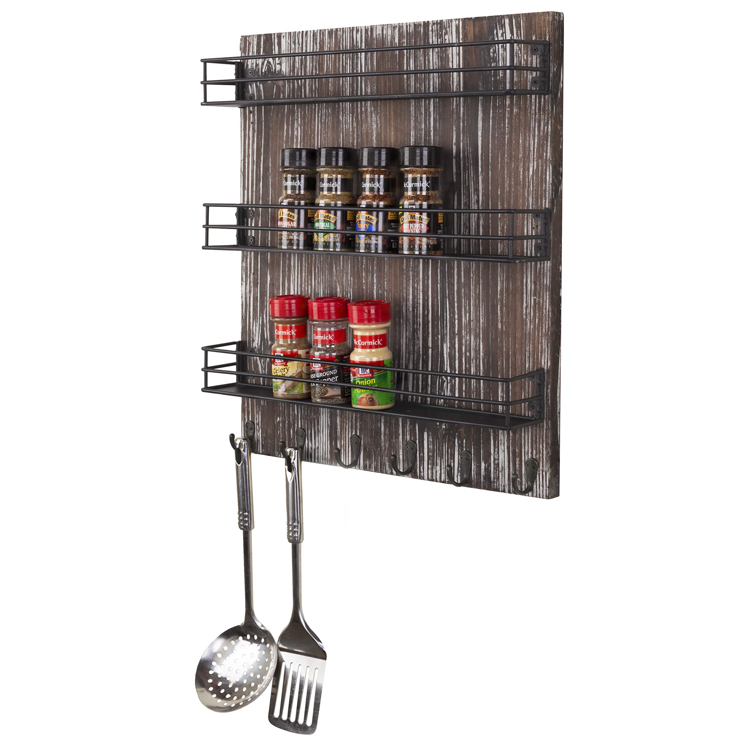 MyGift 3-Tier Black Metal Wall-Mounted Spice Rack Organizer with Torched Wood Finish, 6 Hooks & Seasoning Jars - Space-Saving Kitchen Storage for Spices, Utensils & Cooking Essentials - Perfect for Small Kitchens, Pantries & RV Cooking Spaces