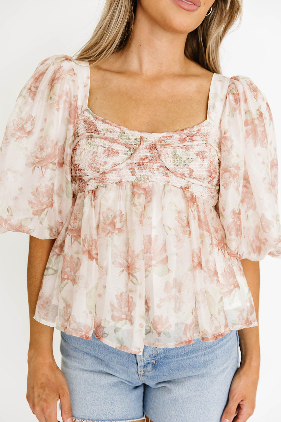 Saint Malo Floral Smocked Top in Peach - Women's Vintage Blouse for Spring Summer Outfits, Date Night & Beach Vacation