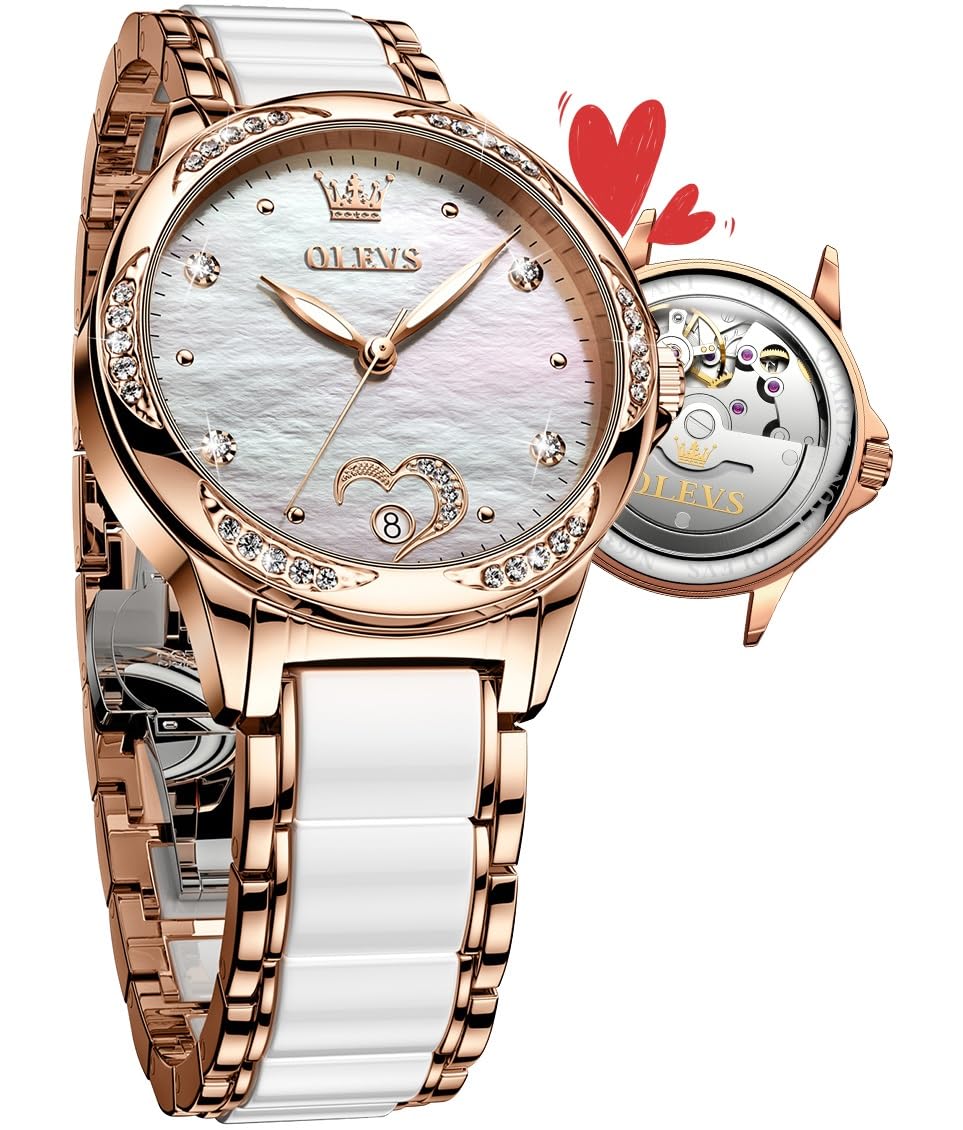 OLEVS Rose Gold Women's Automatic Watch with Two-Tone Stainless Steel & Ceramic Bracelet, Diamond-Accented Self-Winding Watch - Red/Blue/White Dial (No Battery Required) - Perfect for Business, Party & Everyday Wear