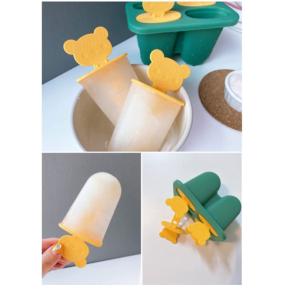 Best Silicone Popsicle Molds - 4-Piece Reusable Bear Shape Ice Pop Maker (Green) for Kids, Homemade Frozen Treats, Summer Snacks & Party Favors