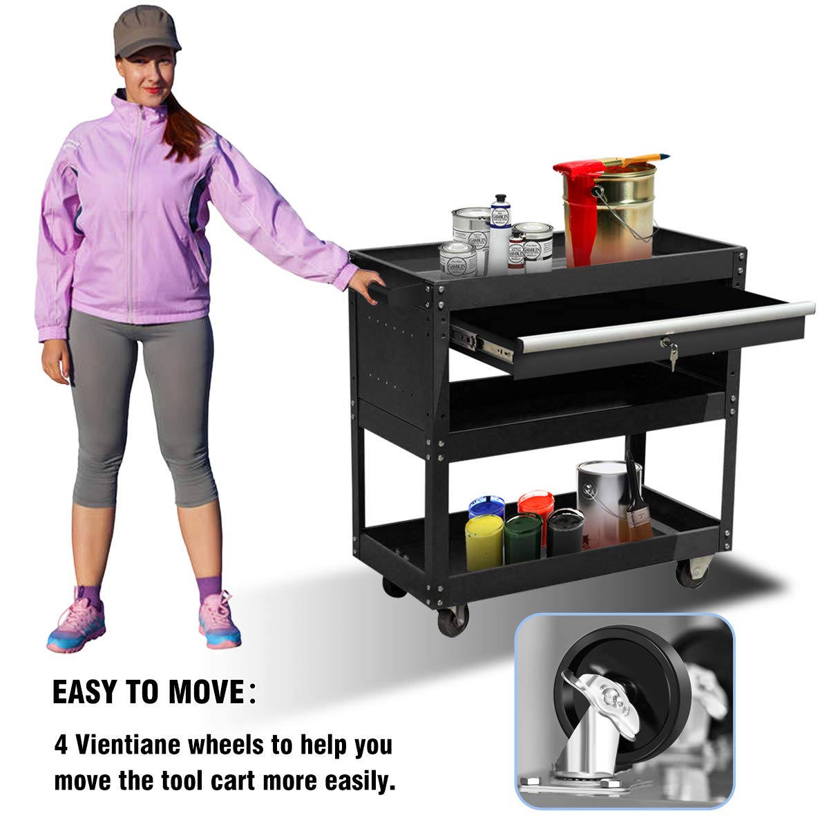 X&T 3-Tier Heavy Duty Rolling Tool Cart with Drawer & Lock - 300 lbs Capacity Industrial Mobile Utility Cart on Wheels for Mechanics, Warehouse, Garage, Office & Home Use - Perfect for Organizing Tools & Cleaning Supplies (Black)