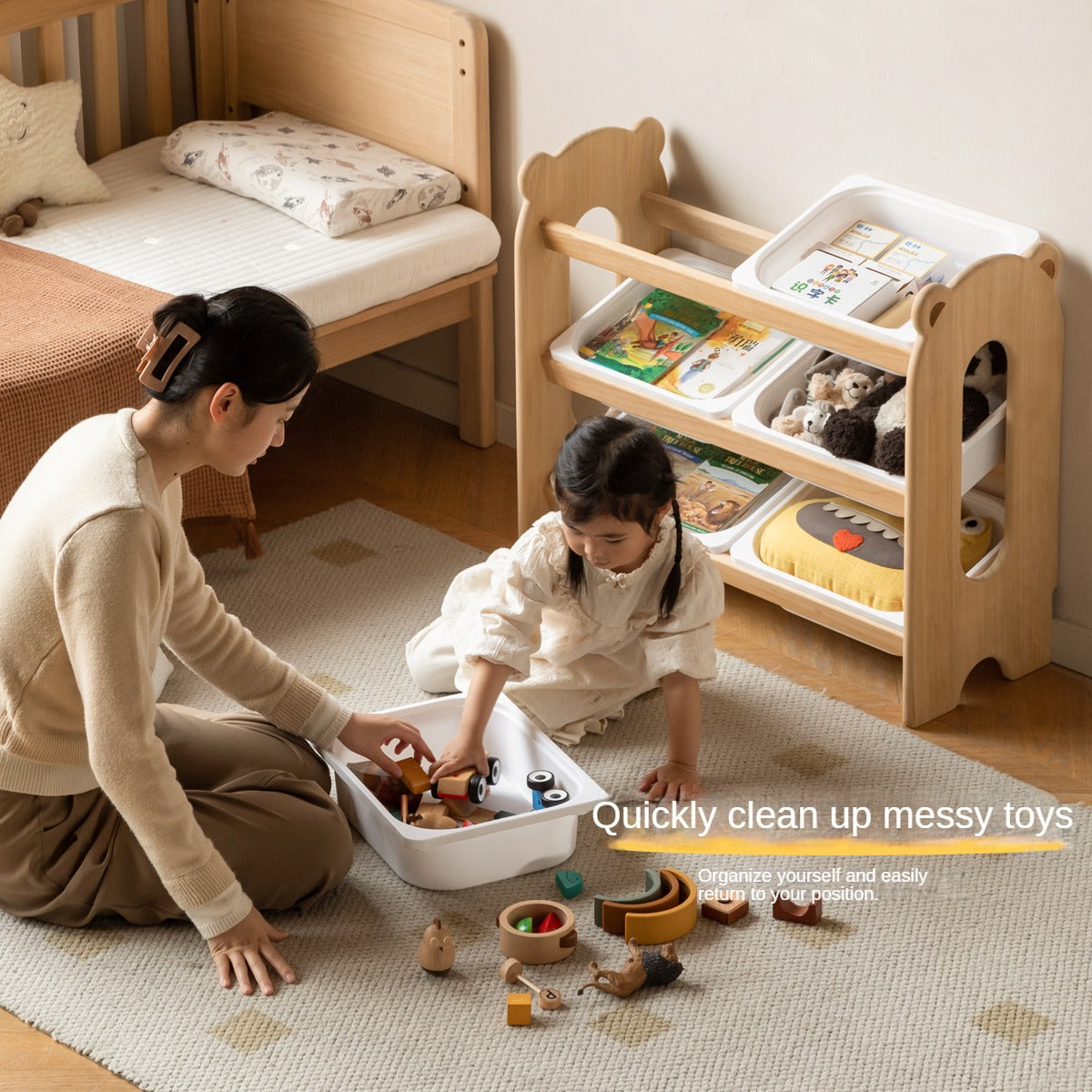 Solid Wood Kids Bookshelf - Poplar Multi-Tier Floor Standing Storage Organizer for Toys, Books & Nursery Decor | Perfect for Playrooms, Bedrooms & Daycares