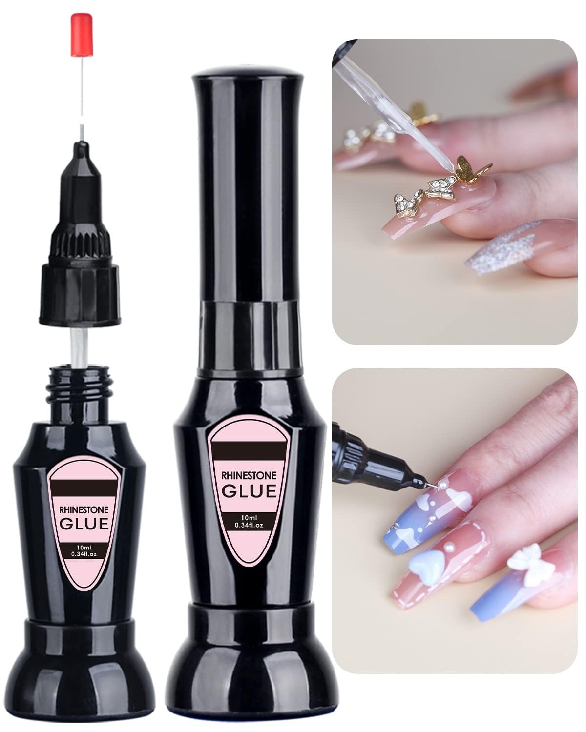 Rhinestone Nail Glue - 2 in 1 Precision Nail Adhesive with Brush & Pen Tip, 10ml Clear Gel for Nail Art & Jewelry Application (UV Cure Needed) - Perfect for DIY Manicures, Salon Nail Designs, and Rhinestone Embellishments