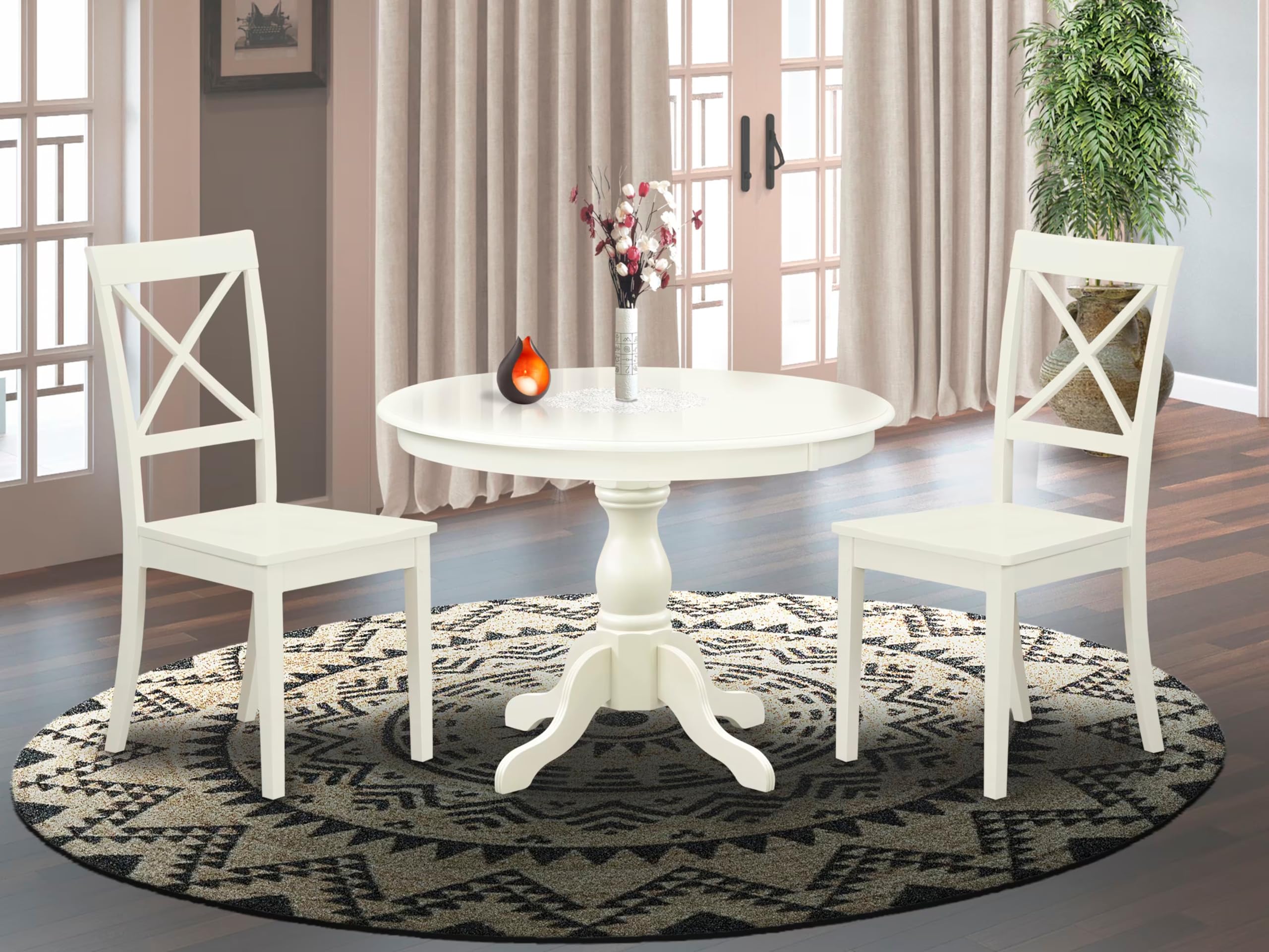 East West Furniture HBBO3-LWH-W 3-Piece Round Kitchen Dining Set with Pedestal Table & 2 Chairs, 42x42 Inch, Linen White - Perfect for Small Spaces, Breakfast Nooks, and Cozy Apartment Dining Areas