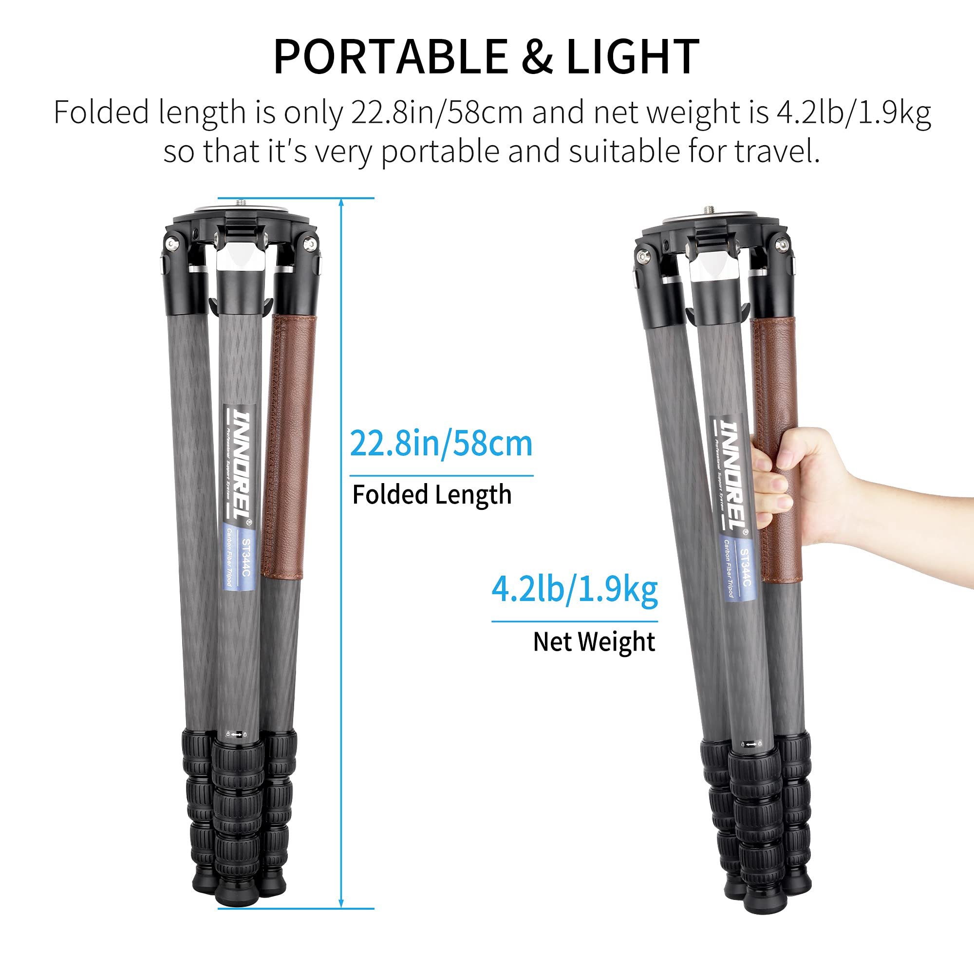 INNOREL ST344C Professional Carbon Fiber Tripod - Heavy Duty Camera Stand with 75mm Bowl Adapter, 34.4mm Tube Legs, 77.2 lbs Load Capacity (35kg), 63