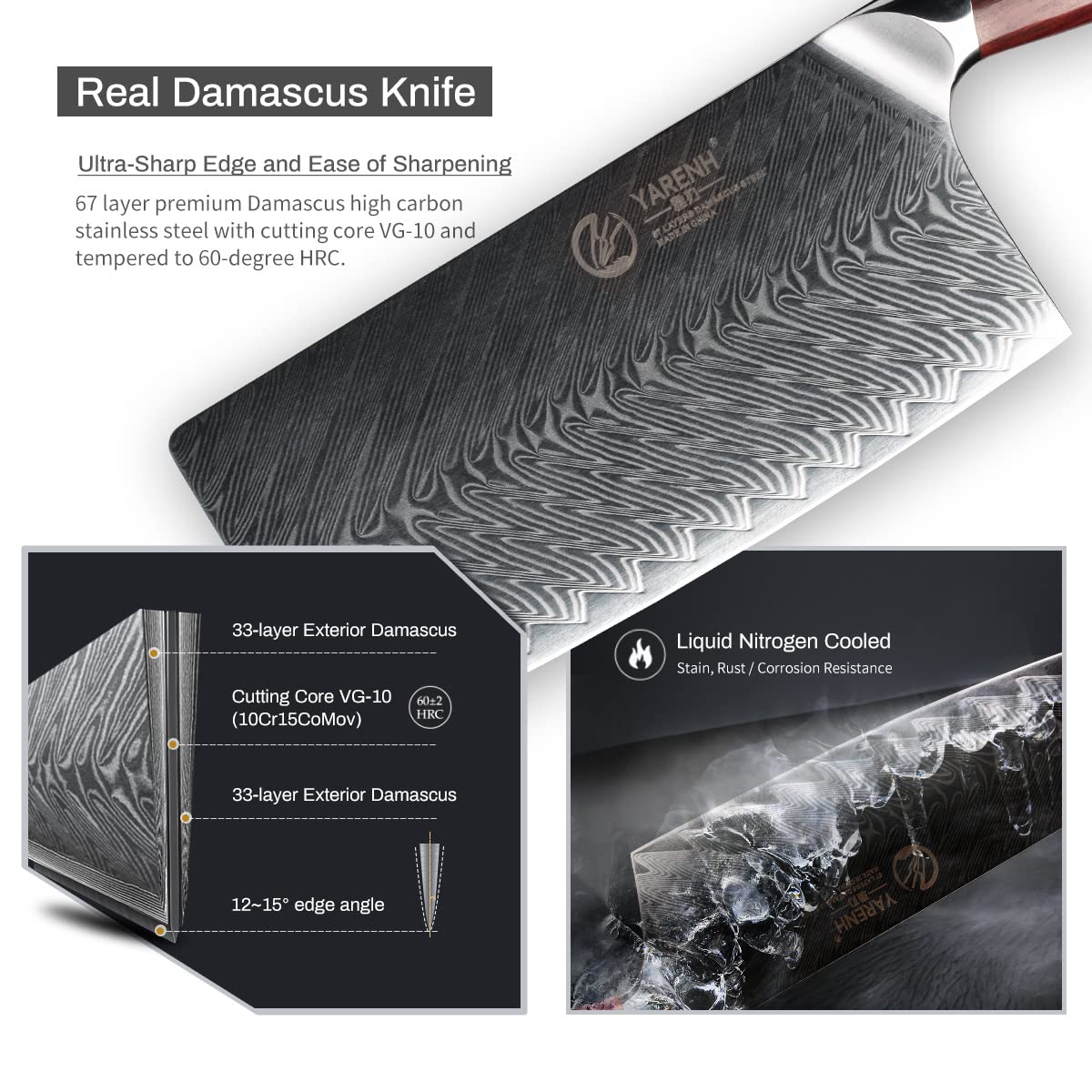 YARENH 7 Inch Damascus Chinese Cleaver Knife - 67 Layer High Carbon Stainless Steel Chef Knife, Ultra Sharp & Rust Resistant with African Sandalwood Handle (Gift Box Included) - Perfect for Slicing, Dicing & Chopping Vegetables, Meat & Herbs