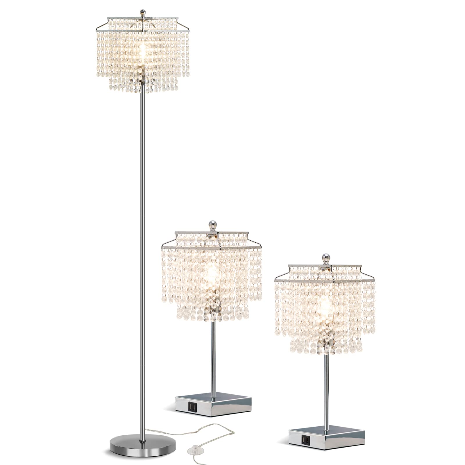 Crystal Table Lamp with USB Ports & Floor Lamp Set of 2 - Modern Silver Lighting for Living Room, Bedroom, Office | Perfect for Reading, Working & Home Decor