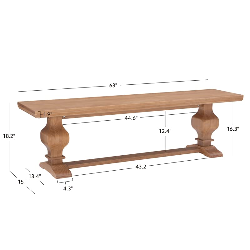 Linon Larson Solid Pine Wood Double Pedestal Bench - Rustic Honey Brown Finish | Durable Entryway, Bedroom, or Dining Room Seating Bench