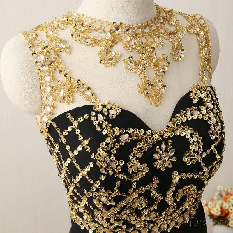 Elegant Black Sheer Mermaid Gold Beaded Evening Prom Dress - Sexy Long Formal Gown for Parties, Dances & Special Occasions | Custom Tailored Prom Dresses for Women | Perfect for Homecoming, Prom Night & Evening Events