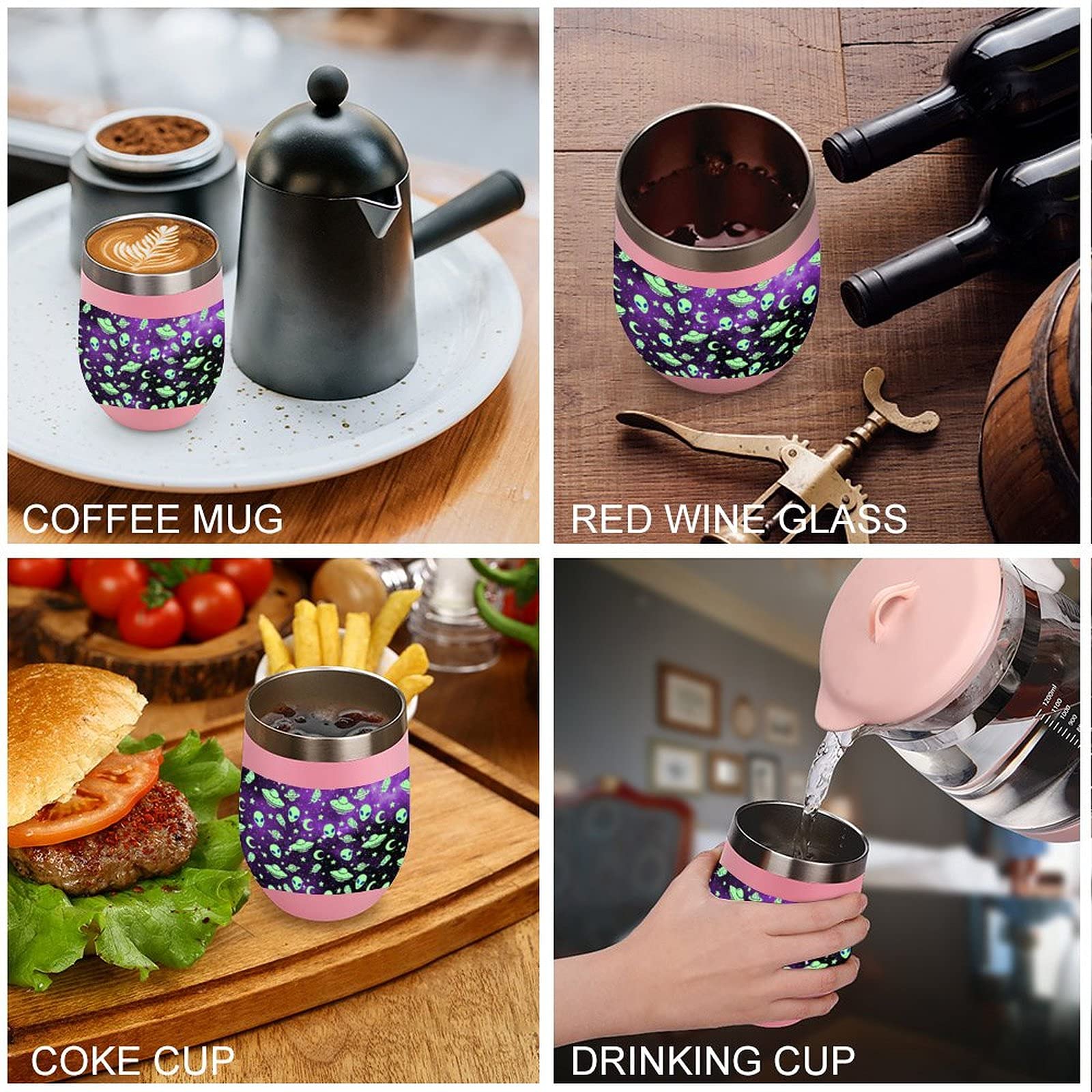 Stainless Steel Vacuum Insulated Wine Tumbler with Lid - Galaxy Alien Design Stemless Travel Cup for Coffee, Wine & Cold Drinks - Perfect for Camping, Office & Outdoor Adventures